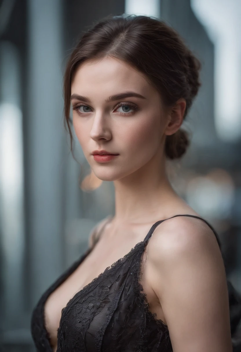 Full face portrait photo of a 21-year-old German girl, .RAW, beautiful woman, Labios de fresa semiabiertos, Hoyuelos, wistful look, ojos verdes, Pupilas grandes, big eyelashes, (extra long wavy brown hair), ((Cara detallada)), ((Detailed facial features)), (Piel finamente detallada), Pale skin, (deep neckline detailed high-tech cyberpunk dress), cyberpunk cyberpunk megacity entorno, (cold colors), humid, humid, Reflexiones, (Obra maestra) (perfect aspect ratio) (foto realista) (La mejor calidad) (Detallado) Imagen tomada con una EOS R5 de Canon, Lente de 50 mm, f/2.8, HDR, (8k) (papel tapiz) (cinematic lighting) (Dramatic lighting) (foco nítido) (intrincado)