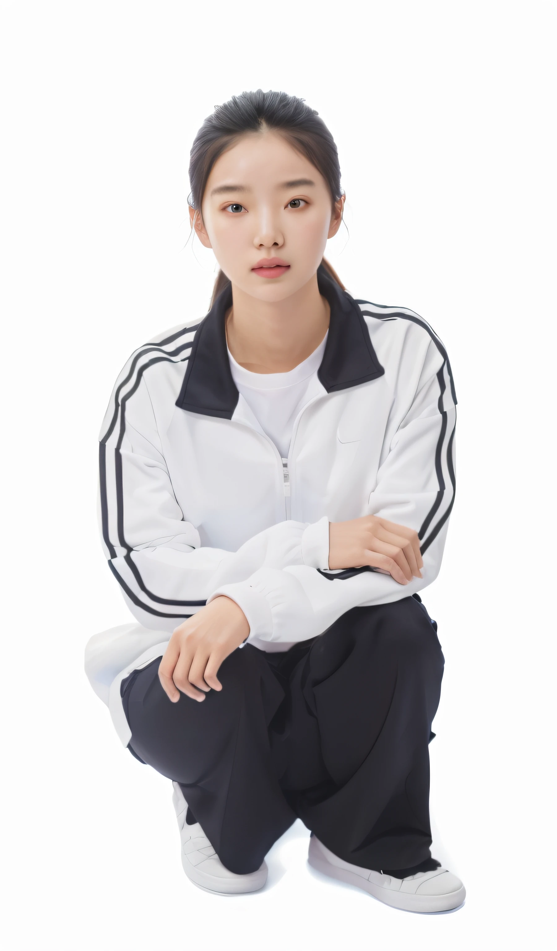 Portrait of a -yeld Chse female student,Good facial features,Symmetrical facial features,Clear ears,Ultra-clear and realistic facial features,Hair combed back,Hair is naturally ultra-clear,Expose your ears,The upper body is wearing a white tracksuit,The zipper is clear,The texture of the clothes is clear,Black pantsuit,Ultra-clear texture,White shoes,White sneakers,The dimensions are appropriate and symmetrical,Camera shooting effect,Light and shadow are natural,symmetrical clothes,The collar is symmetrical and coordinated,Natural and realistic hands,clear hand,The fingers are the right size,Ultra-clear and realistic 8K,Very detailed eyes and face, hugefilesize, Ultra detail, High definition, Very detailed, Best quality, Masterpiece, , Realistis, Real, Unity, 8K wallpaper,Background details for foreground objects (Masterpiece: 1.2) (Photorealistic: 1.2) (Bokeh: 1.2) (Best quality) (Color grading) (Detailed skin: 1.3) (complex) (8K) (hdr) (Movie lighting: 1.3) (Sharp focus), Glossy glossy skin, Front Ultra HD, Digital SLR, Soft lighting, High quality, film gram, Fujifilm XT3