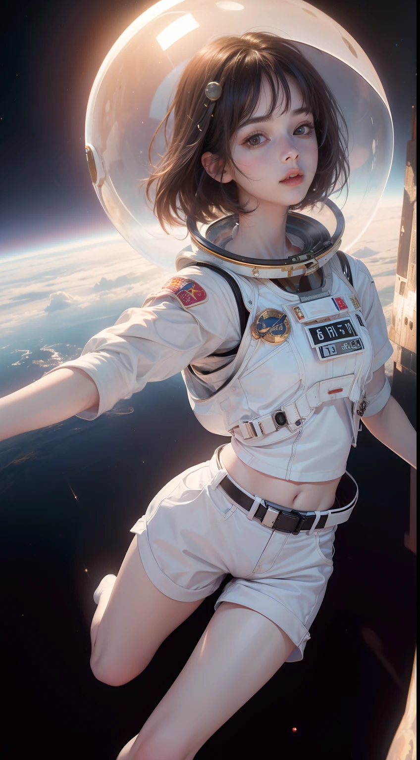 (8k, RAW photo, best quality, masterpiece:1.2), (realistic, photo-realistic:1.37), (1girl, in the air), full body, deep depth of space, universe background, Mysterious planet,(white shirt, white shorts),1 planet,((Astronaut helmet,reflective)),