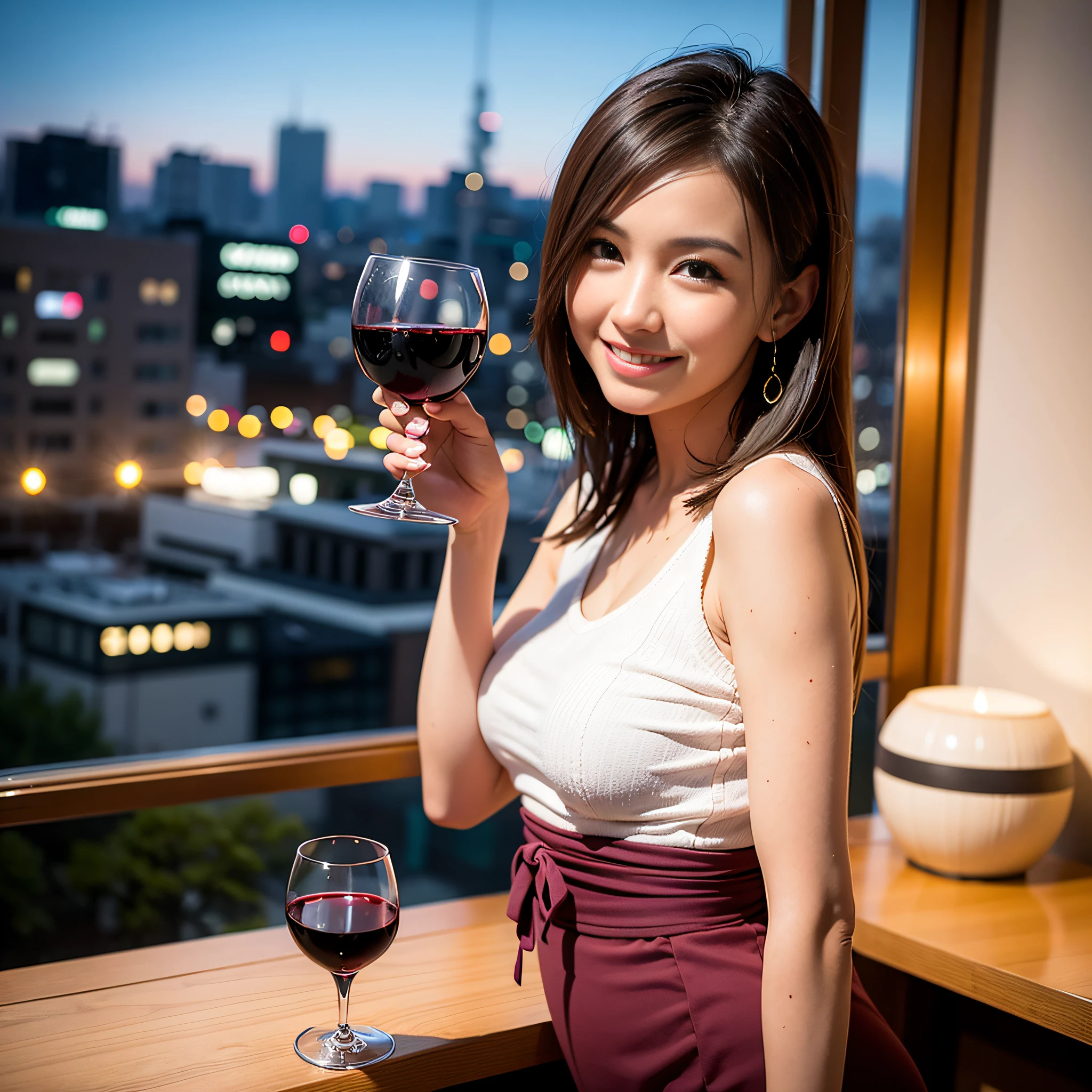 (64K, UHD, top quality, masterpiece: 1.2), (realistic, photorealistic: 1.37), super detailed, pretty woman 1 person, (slim face), (slim body), (brown hair), (short cut), cheeks slightly blushing, (39 years old), 38 years old, solo, beautiful detailed urban night view outside the window, restaurant, wine glass sitting, night, in a prominent place (from the waist up) NovaFrogStyle, Actress, Model, Waist Up, White Wine, Slim, Wine Glass, Super Clean Night View, Wine Glass Put in the Middle, Happy Smile, (Smile: 1.15), Beautiful Fine Eyes, Upper Body, Bust Japan Up, Night, Short, Short, Actress, Model, Waist Up, White Wine, Slim, Wine Glass, Super Clean Night View, Wine Glass Put in the Middle, Happy Smile,