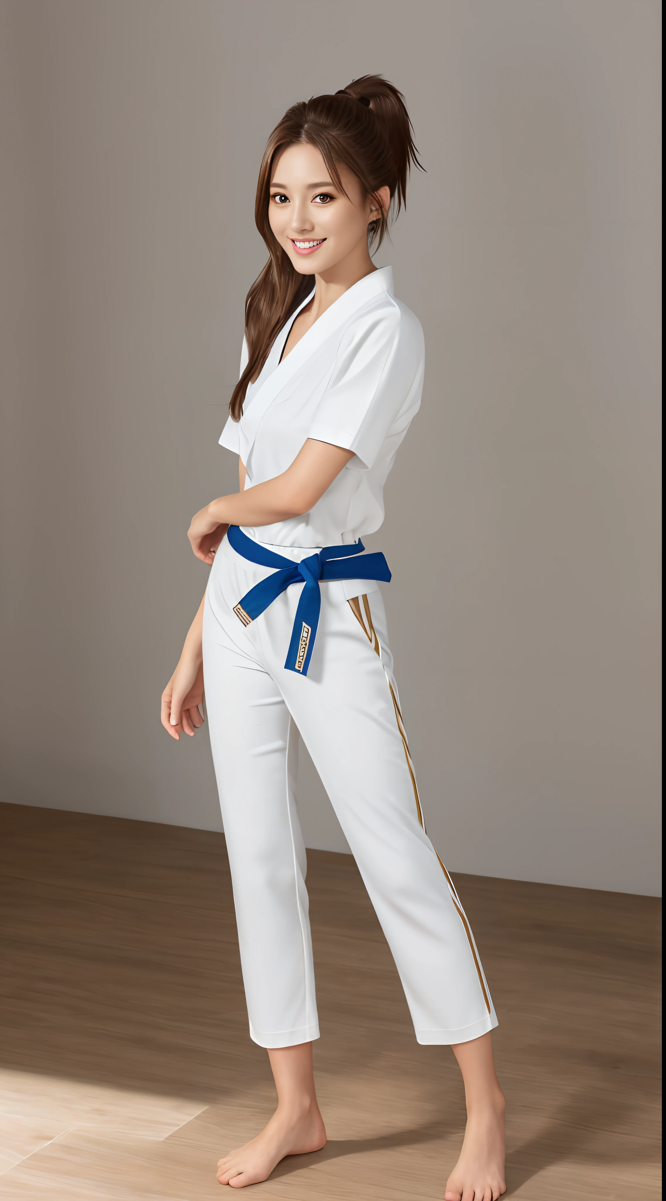 (Photorealsitic)(), Perfectly beautiful woman, (Full body 8K portrait), White Karate Uniform, White karate pants, Large bust,Stand alone, Perfect facial detail, (Smile: 1.15), attractive beautiful face, gazing at viewer, a small face, 二重まぶた, Beautiful detailed eyes, long eyeslashes, ligh brown hair, ponytail in high position, Toned waist, Beautiful thin legs, toned ankles, bare-legged ,TOKYOcty