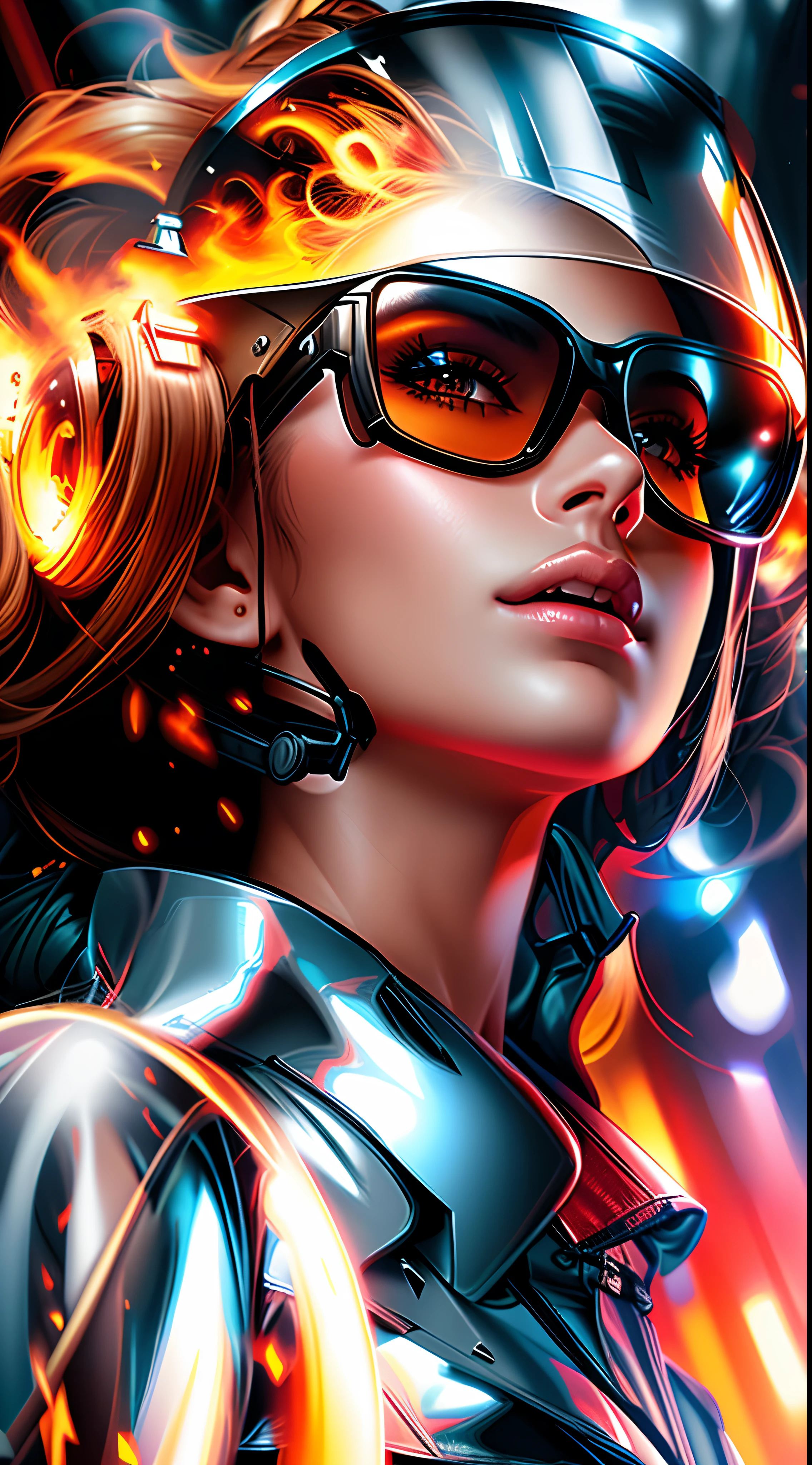 A woman wearing a helmet and sunglasses with a fire in the background, bela arte digital, stunning digital illustration, epic digital art illustration, arte conceitual digital de alta qualidade, exquisite digital illustration, lindo arte digital, lindo pintura digital, Arte digital alucinante, Beautiful digital illustration, pintura digital brilhante, Artgerm ; Motor 3d irreal, Artgerm detalhado