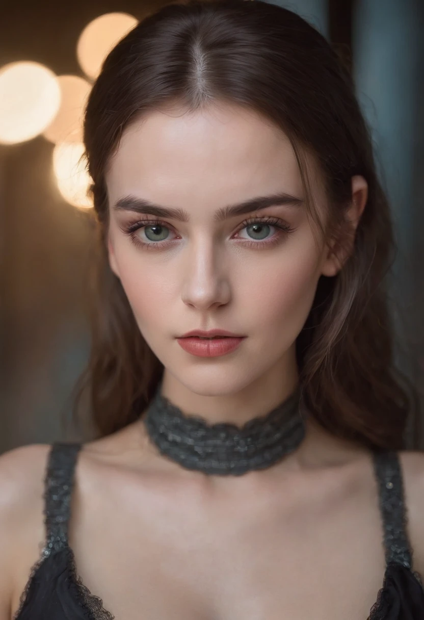 Full face portrait photo of a 21-year-old German girl, ..RAW, beautiful woman, Labios de fresa semiabiertos, hoyuelos, wistful look, ojos verdes, pupilas grandes, big eyelashes, (extra long wavy brown hair), ((Cara detallada)), ((Detailed facial features)), (piel finamente detallada), Pale skin, (deep neckline detailed high-tech cyberpunk dress), cyberpunk cyberpunk megacity entorno, (cold colors), humid, humid, Reflexiones, (obra maestra) (perfect aspect ratio) (foto realista) (La mejor calidad) (detallado) Imagen tomada con una EOS R5 de Canon, Muelle de 50 mm, f/2.8, HDR, (8k) (papel tapiz) (cinematic lighting) (Dramatic lighting) (foco nítido) (intrincado)