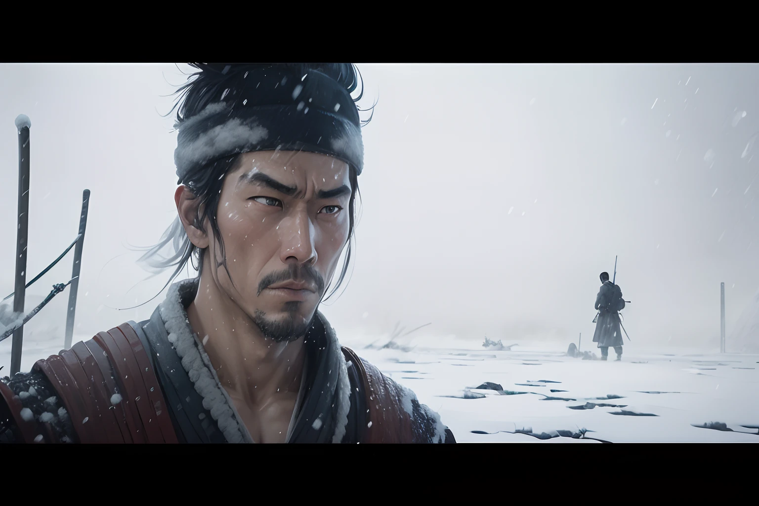 samurais fighting in the snows of winter, Zatoichi, the blind swordsman, snow, falling snow, night, evening, impressionism, Japanese ink painting or Sumi-e, hyperdetailed, 24k resolution,