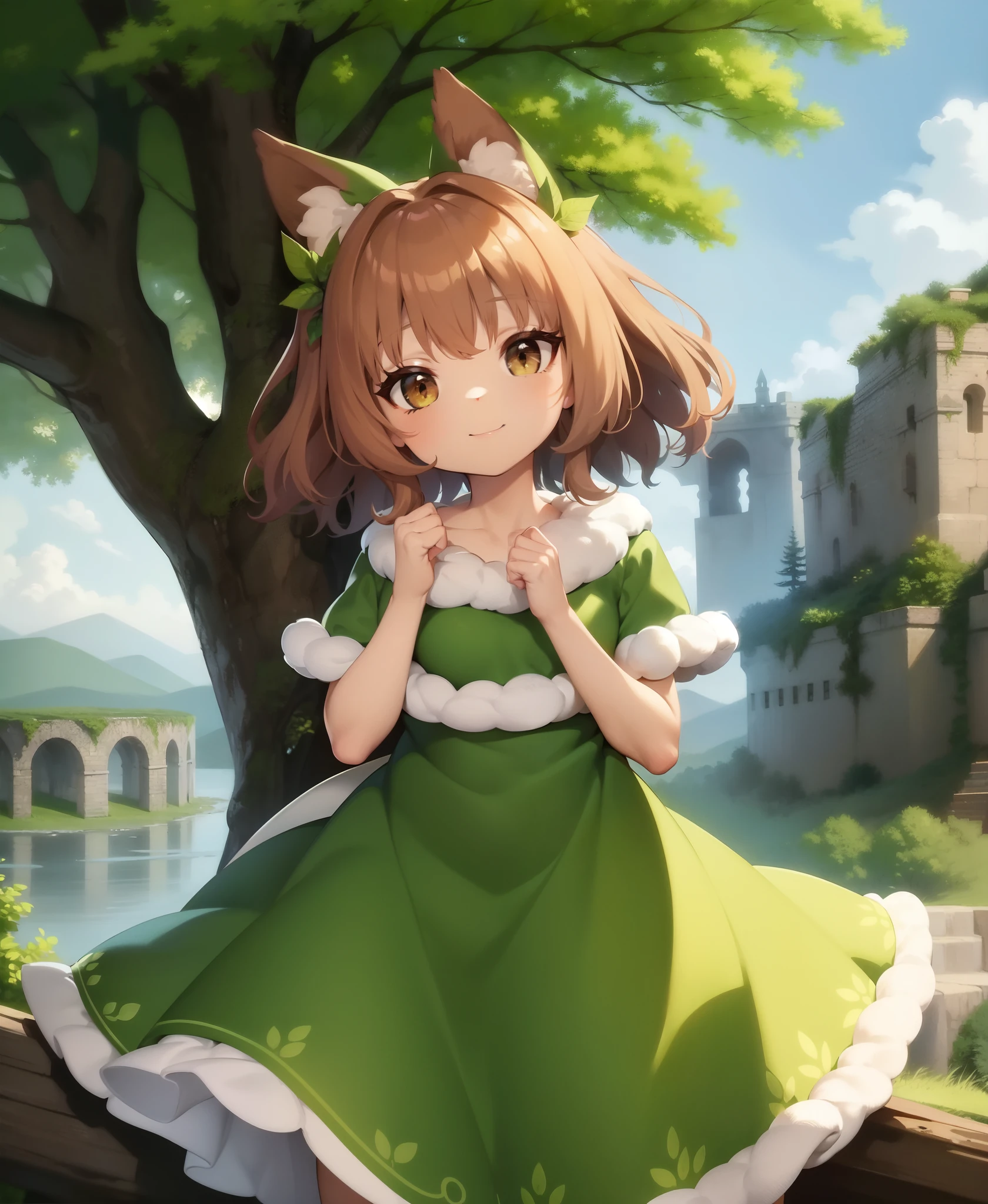 elora furry, detailed and extremely fluffy body fur, fluff, masterpiece, looking up beautiful surroundings, detailed background, happy, leaf-dress,