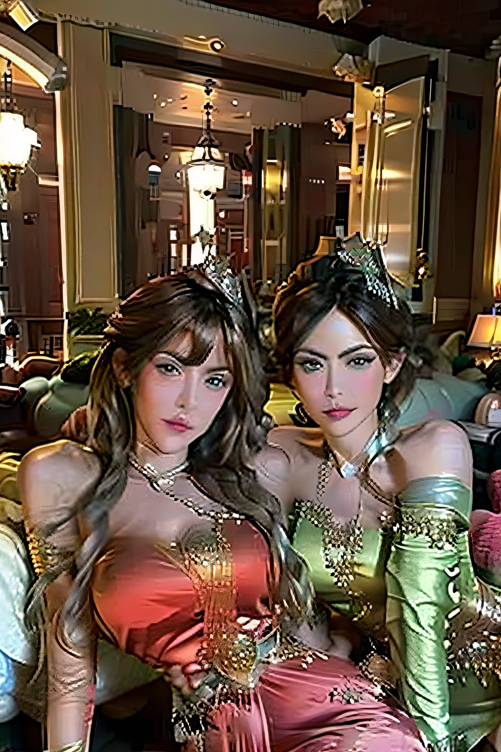 Generate a beautiful looking picture,Slim figure,Pictures of royal sister beauties wearing exquisite jewelry