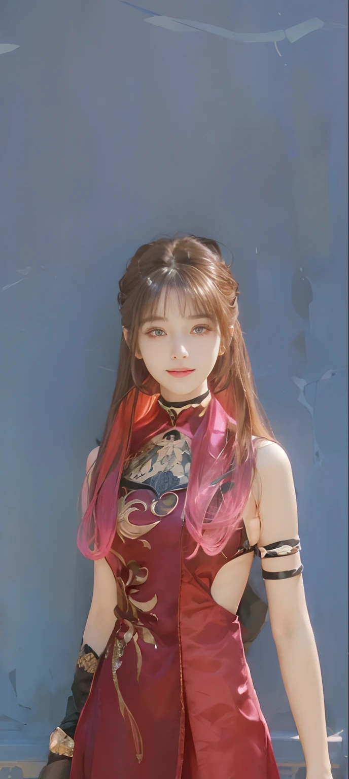 (A hyper-realistic)、(illustratio)、(hight resolution)、(8K)、(ighly detailed)、(Best Illustration)、(beautifully detailed eyes)、(top-quality)、(ultra-detailliert)、(​masterpiece)、(wall-paper）、（A detailed face）、独奏、1 girl in、looking at viewert、fine detailed、A detailed face、in the darkness nigth、deep-shadows、lowkey、pureerosfaceace_v1、A smile、long、Black shawl straight hair、46-point diagonal bangs,　（silk dresses、long  skirt）(off shoulders）View of the castle、、Stand against the wall