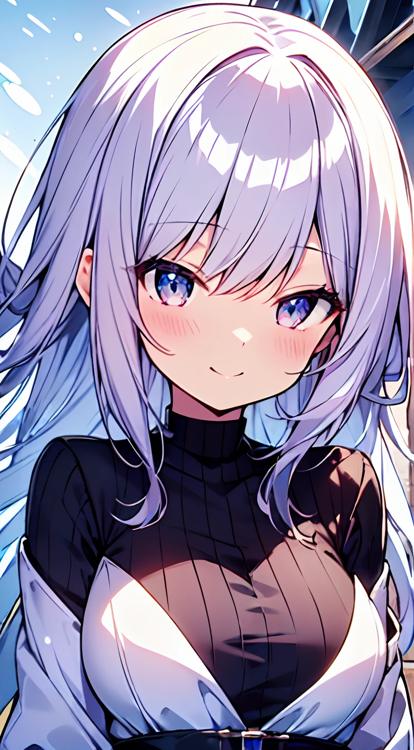 masutepiece, Best Quality,Illustration, Wallpaper, ultra -detail, Absurd beauty, 1beautiful girl、Bright hair color、Glitter and big eyes、Hair fluttering in the wind、ample breasts、♡、Smaller head、Winter scene、miscievous smile、bustup、Chibi:1.3