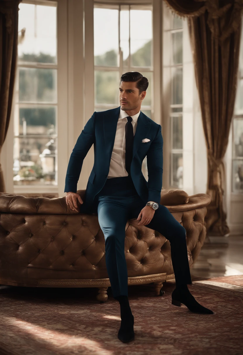 Albenos guy with a cool ass in a formal suit with long, short hair down and sitting on a chair