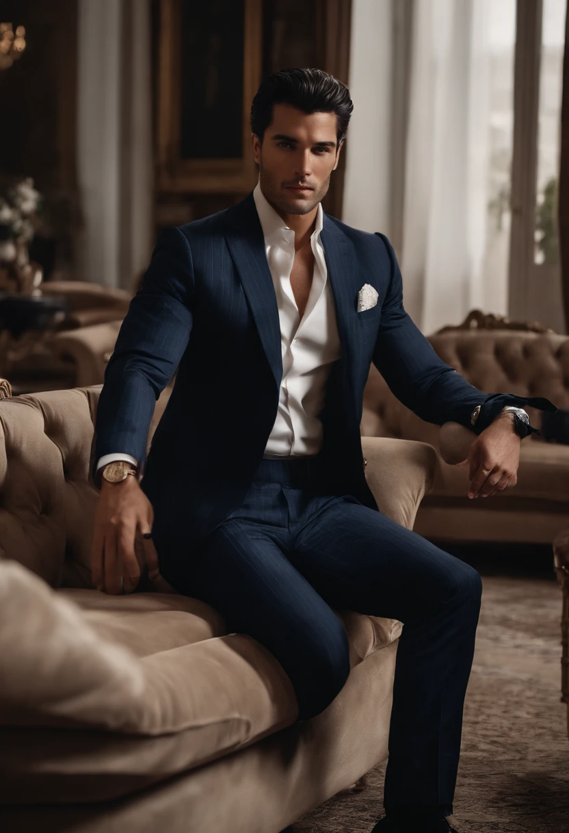 A young man,Handsome,well-muscled,Hairy body,white sock,Ultra-thin tights(Detailed eyes:1.3),Naked topless,Nudity Everywhere,Dark eyes,massive bulge,black hairs sticking out of the bulge,, full body Esbian,Character sitting on a chair with arms raised, Black hair (short classy hair,), Nice Pose, Handsome man, Pretty Face, royal elegant pose, businessman, (In a striped blazer), (The surrounding environment is a luxurious and classic living room) (Sandtone imagery) A hyper-realistic, The royal prince is looking for, The aesthetics of old money, Italian style, Classy suit, Rolex, Classic car on background, Loyalty search, Wearing a Ralph Lauren suit, Michele Morrone's face is similar, Luxury country apartment in Italy on the background, Italian man,