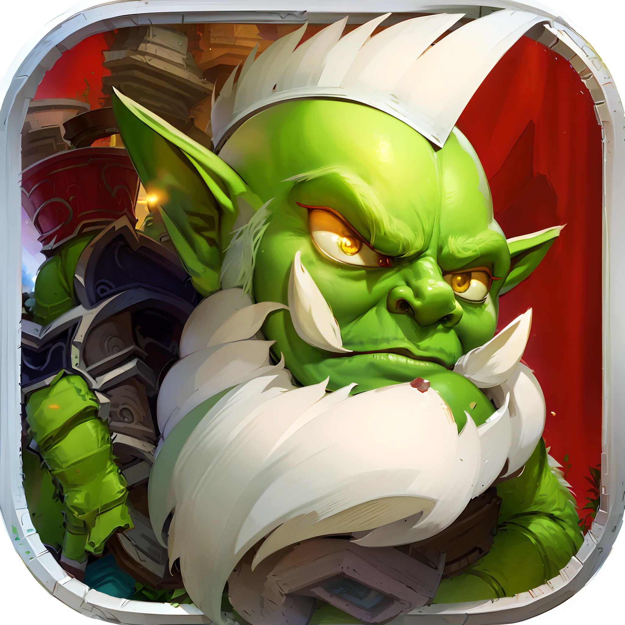 A green troll with white beard and red background, epic legends game icon, goblin, Leprechauns and trolls, drak fantasy goblin, gnoll, gaming console, gapmoe grimdark, targ nar, mobile game style, orc warrior, dwarf, Goblin attack, epic battle screen of hero, menacing orc, Orc symbaroum, Legend, okeh