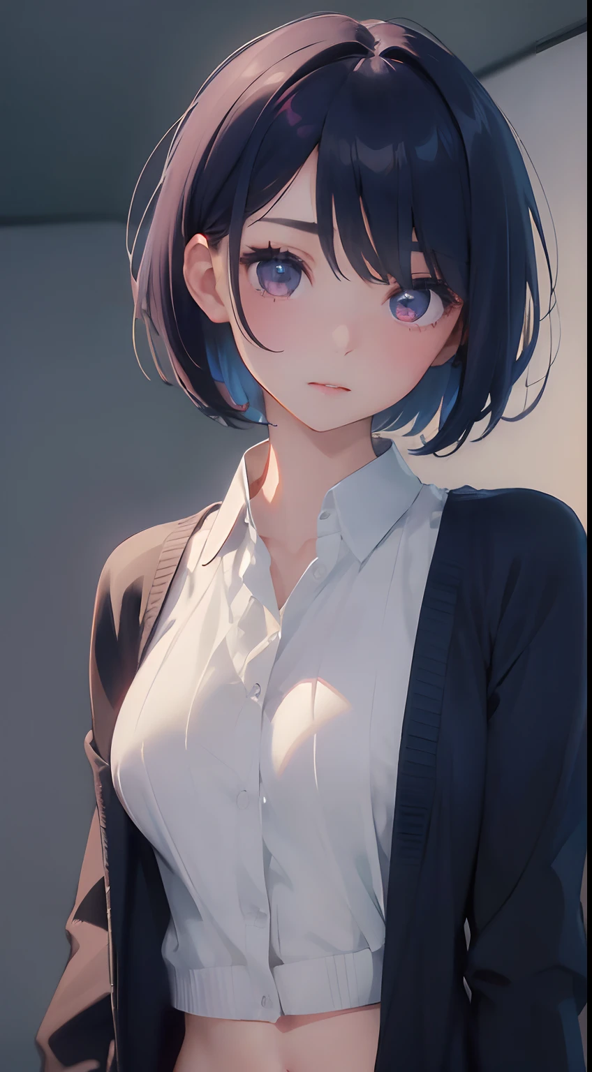 ((top-quality、8K、​masterpiece:1.3))、女の子1人、Beautiful woman with slender abs:1.3、(Middle-parted hair、Bery short hair、爆乳:1.2)、Cardigan:1.1、hyperdetailed face、A detailed eye、Seven Colored Eyes、二重まぶた