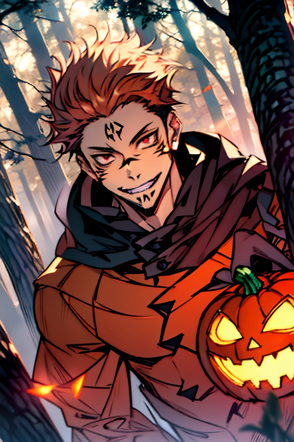 High school werewolf boy, smiling with fangs, orange glowing eyes, long curl single tied hair, pumpkin spirit, magic werewolf and warlock hybrid, midnight blue