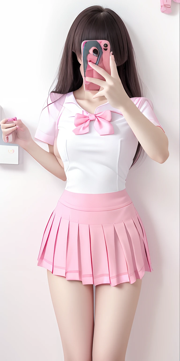 Arad woman in pink dress taking a selfie with her phone, cute female student, wearing a cute top, intriguing outfit, Magical school student uniform, JK school uniform, magic school uniform, japanese girl school uniform, white and light-pink outfit, Japanese school uniform, wearing dresses, Wearing a Japanese school uniform, Surrealism female students, Open V chest clothes