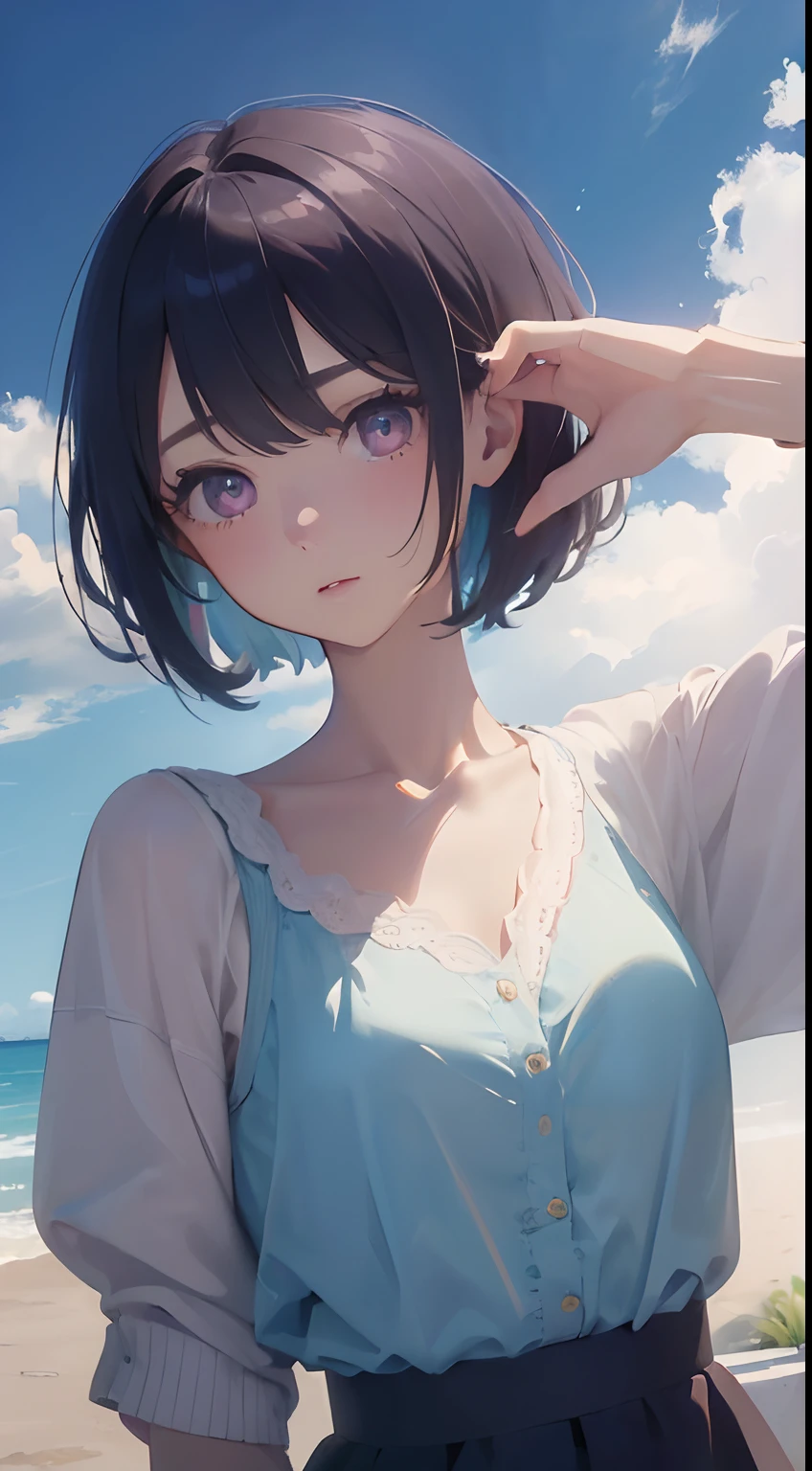 ((top-quality、8K、masterpiece:1.3))、女の子1人、Beautiful woman with slender abs:1.3、(Middle-parted hair、Bery short hair、爆乳:1.2)、Cardigan:1.1、hyperdetailed face、A detailed eye、Seven Colored Eyes、二重まぶた