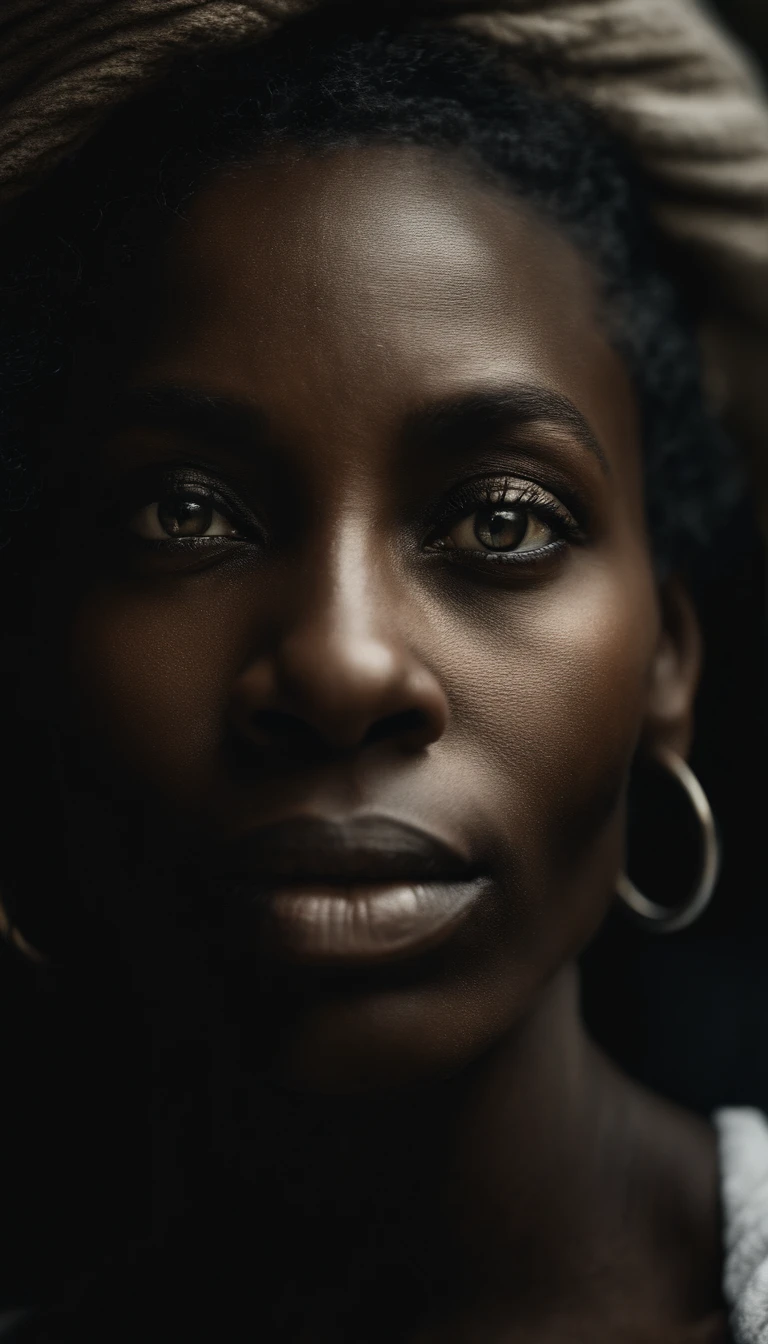 analog style, model photography style, RAW close portrait of a black woman 1, ((beautiful face: 1.7, perfect face: 1.3)), (top: 1.2), best quality, epic (by photo by Lee Jeffries, sony a7, 50 mm , pores: 1.5, colors, hyperdetailed: 1.5, film grain: 1.4, hyperrealistic: 1.5), hyperrealistic texture, masterpiece, unreal engine 5, extremely detailed CG unit 4k wallpaper, realistic eyes, insanely detailed photo, (light and shadow ecstasy, deep shadow), (Winner of Pulitzer Prize for Photography and Taylor Wessing Photographic Prize),Juju