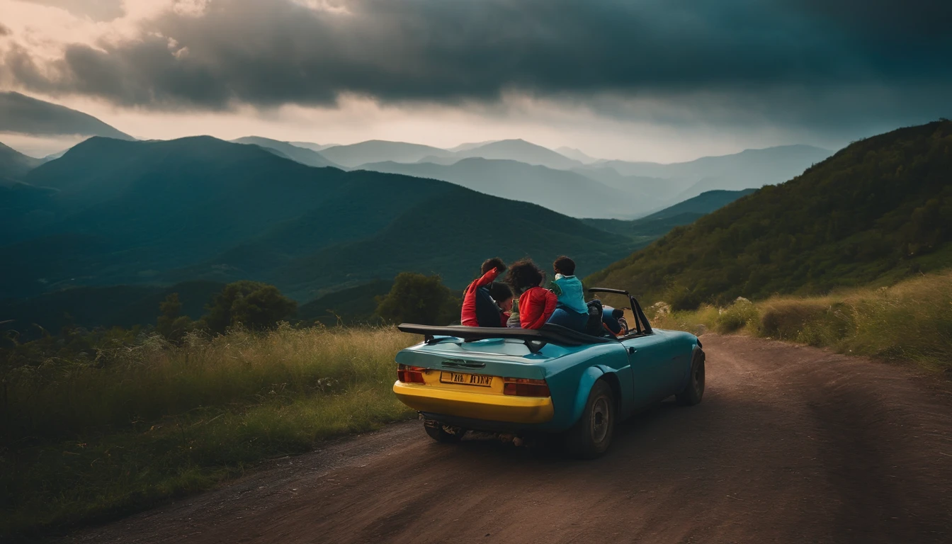 lindo cenario, Vibrant colors, Three ，Two boys and a girl，About 10 years on the roof of a worn-out rally race car waving your hands，The background is the undulating mountains，At the base of the mountain is a meandering river，There is also a winding road on the mountainside，The rally is being held here。