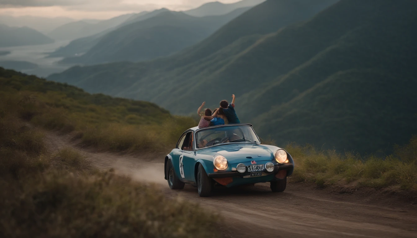 lindo cenario, Vibrant colors, Three children,Two boys and a girl,About 10 years old,Sitting on the roof of a worn-out rally race car waving your hands,The background is the undulating mountains,At the base of the mountain is a meandering river,There is also a winding road on the mountainside,The rally is being held here。