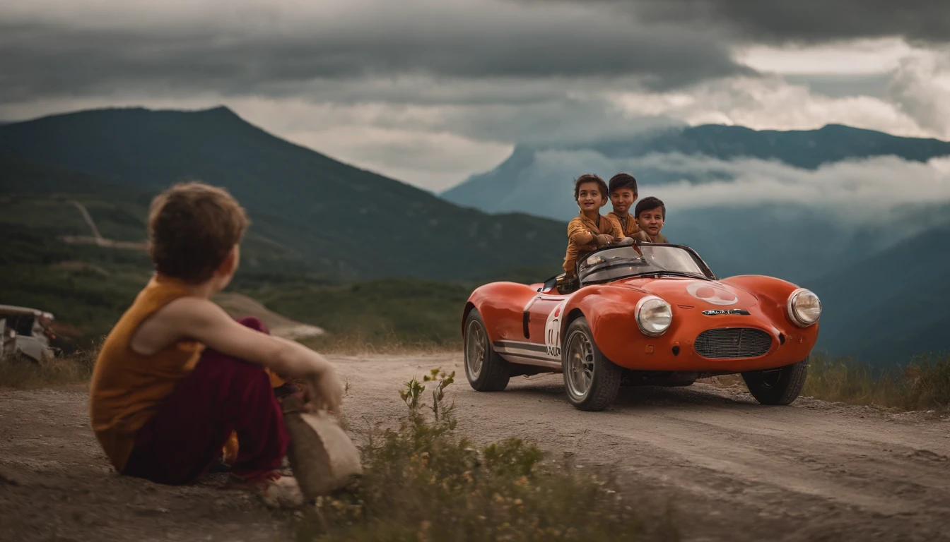 lindo cenario, Vibrant colors, Three children，Two boys and a girl，About 10 years old，Sitting on the roof of a worn-out rally race car waving your hands，The background is the undulating mountains，At the base of the mountain is a meandering river，There is also a winding road on the mountainside，The rally is being held here。