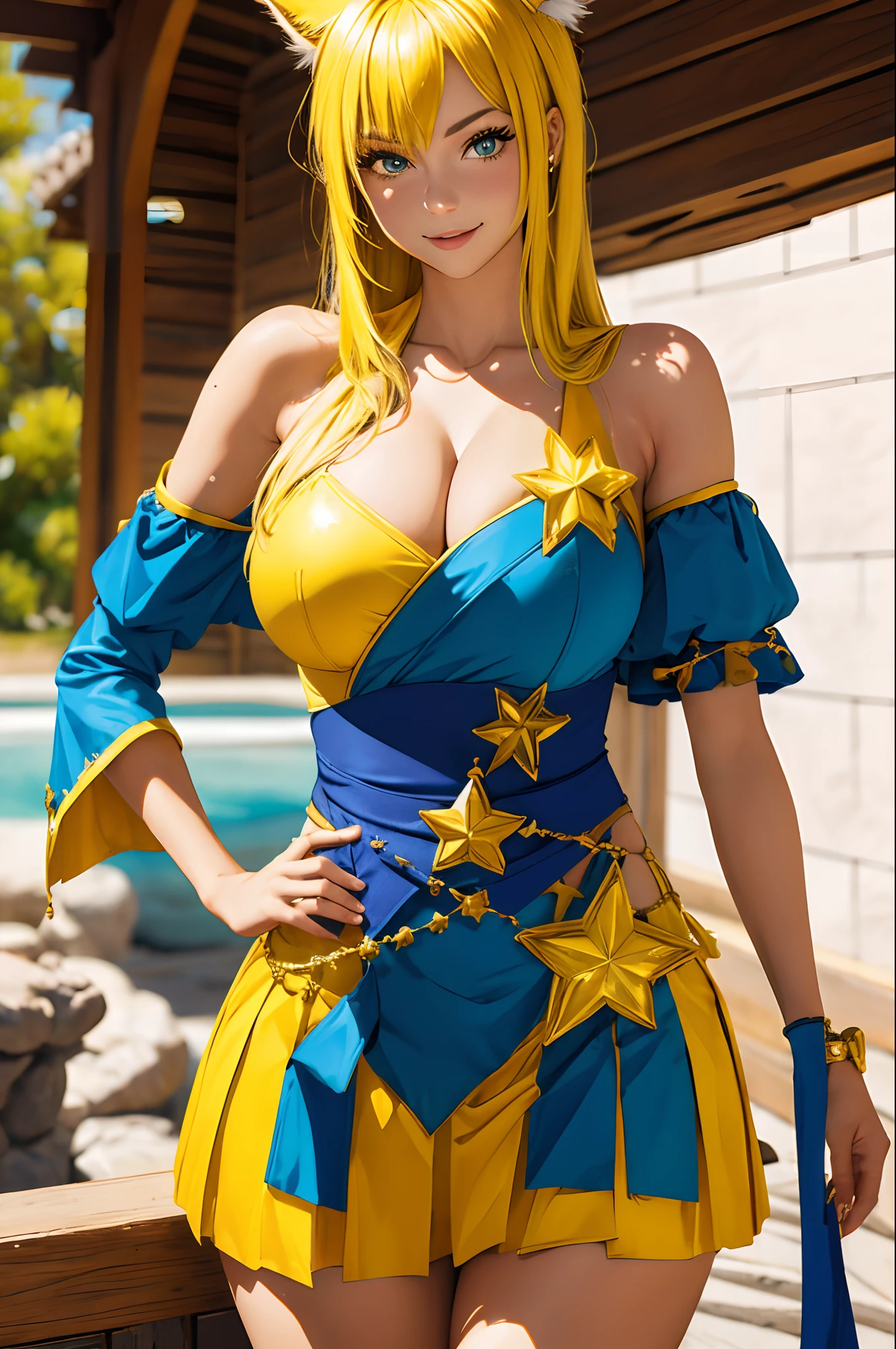 (master part, best quality:1.2), detalhes intrincados,  Guardian Star Ahri, 1girl, orelhas de animais, ornamento de cabelo, Mangas em destaque, bareshoulders, Saia, magical girl, Multiple Tails, yellow hair, sorriso leve