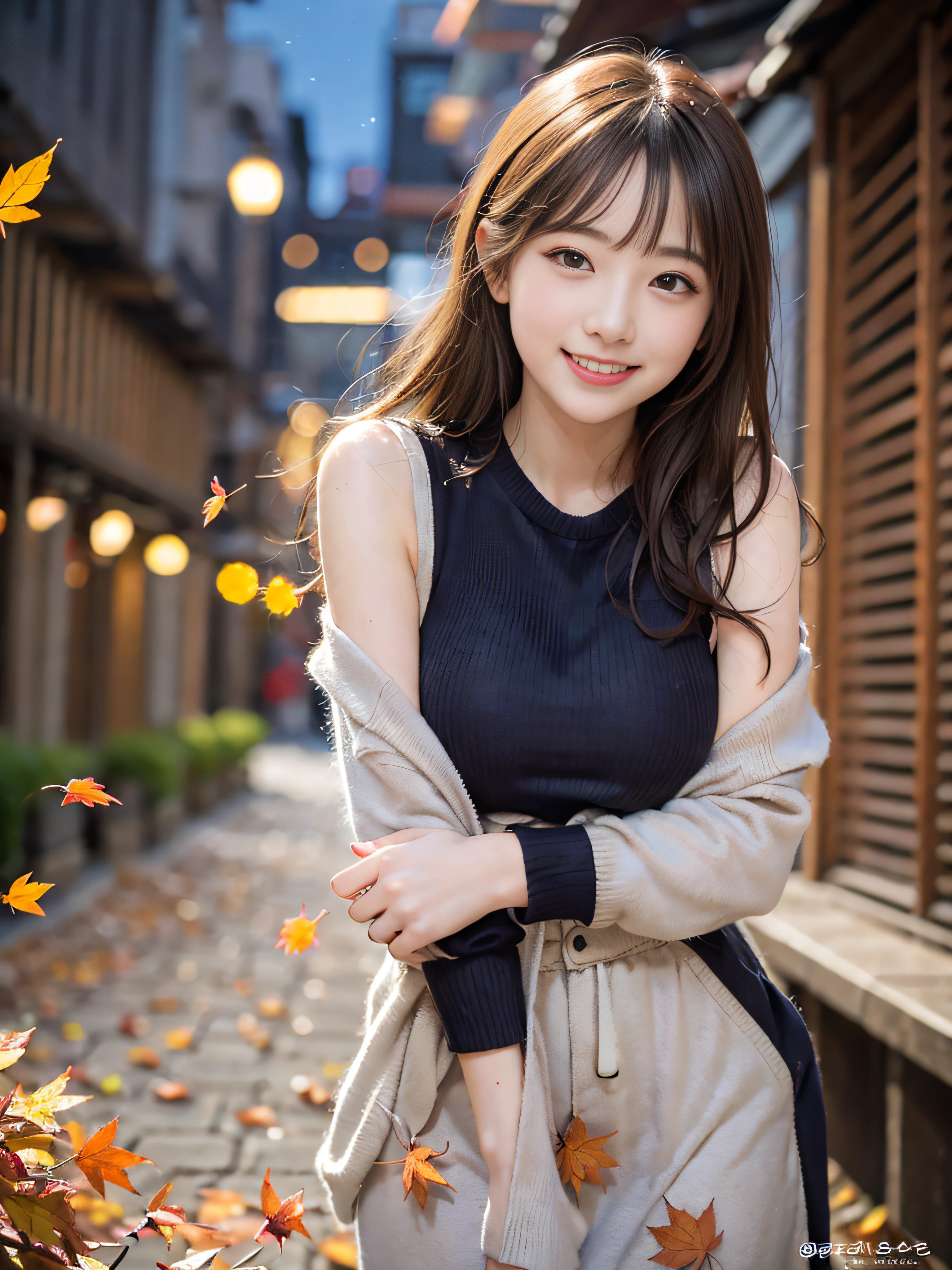 RAW image quality、8K分辨率、Ultra-high-definition CG images、Autumn leaves at night🍁、Moonlight、25 year old beautiful woman、Detailed beautiful eyes、Beautiful beautiful medium hair、Clear skin、Sporty fashion、Colossal tits、Susukihata、depth of fields、masutepiece、absurderes、24K Graphic Arts、Carefully drawn background、Composition with depth、sano、jumpy、A smile、