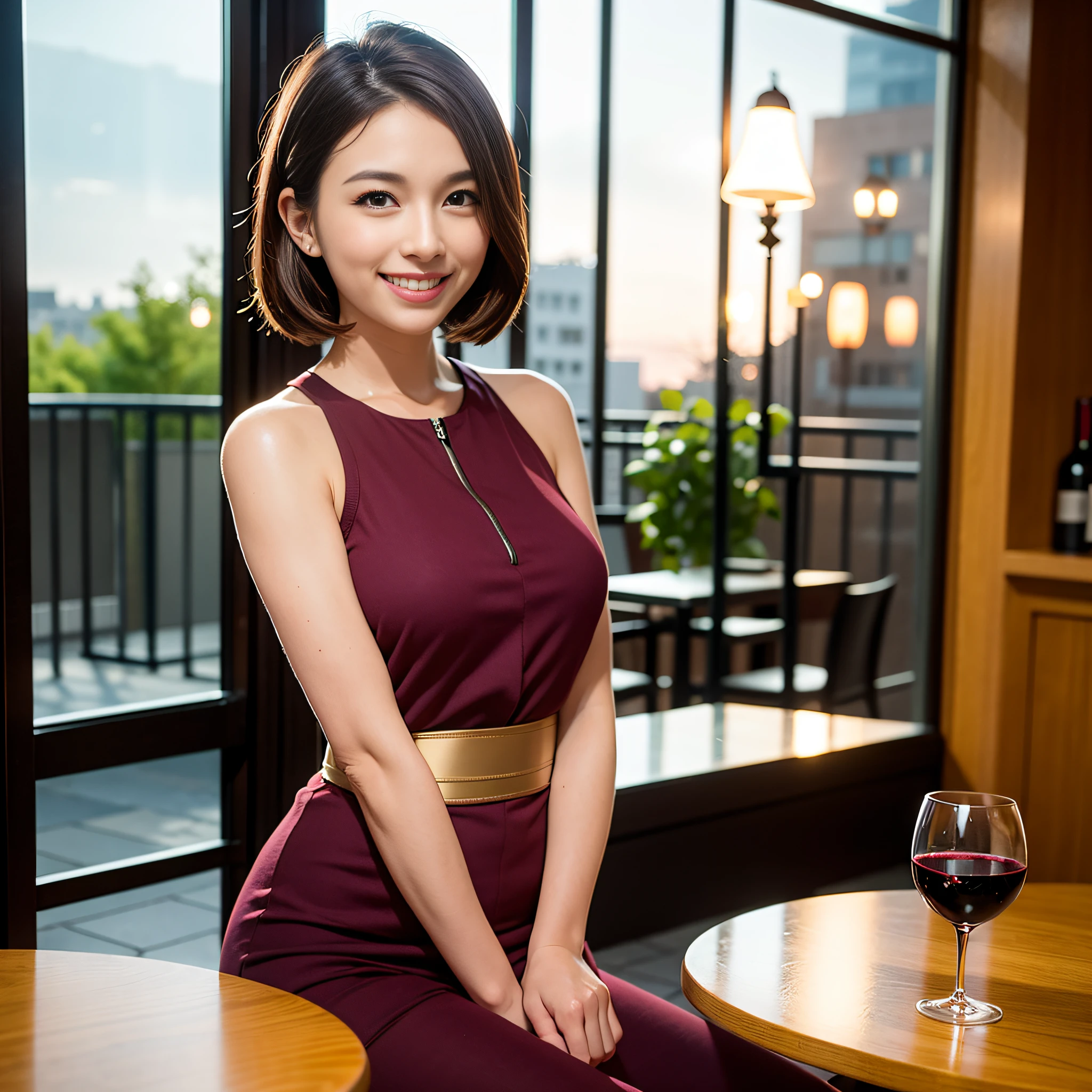 (64K, UHD, top quality, masterpiece: 1.2), (realistic, photorealistic: 1.37), super detailed, pretty woman 1 person, (slim face), (slim body), (brown hair), (short cut), cheeks slightly blushing, (35 years old), 38 years old, solo, beautiful detailed urban night view outside the window, restaurant, wine glasses sit, at night, in a prominent place (from the waist up) NovaFrogStyle, Actress, Model, Waist Up, White Wine, Slim, Wine Glass, Super Clean Night View, Wine Glass Put in the Middle, Happy Smile, (Smile: 1.15), Beautiful Fine Eyes, Upper Body, Bust Japan Up, Night, Short, Short, Actress, Model, Waist Up, White Wine, Slim, Wine Glass, Super Clean Night View, Wine Glass Put in the Middle, Happy Smile,