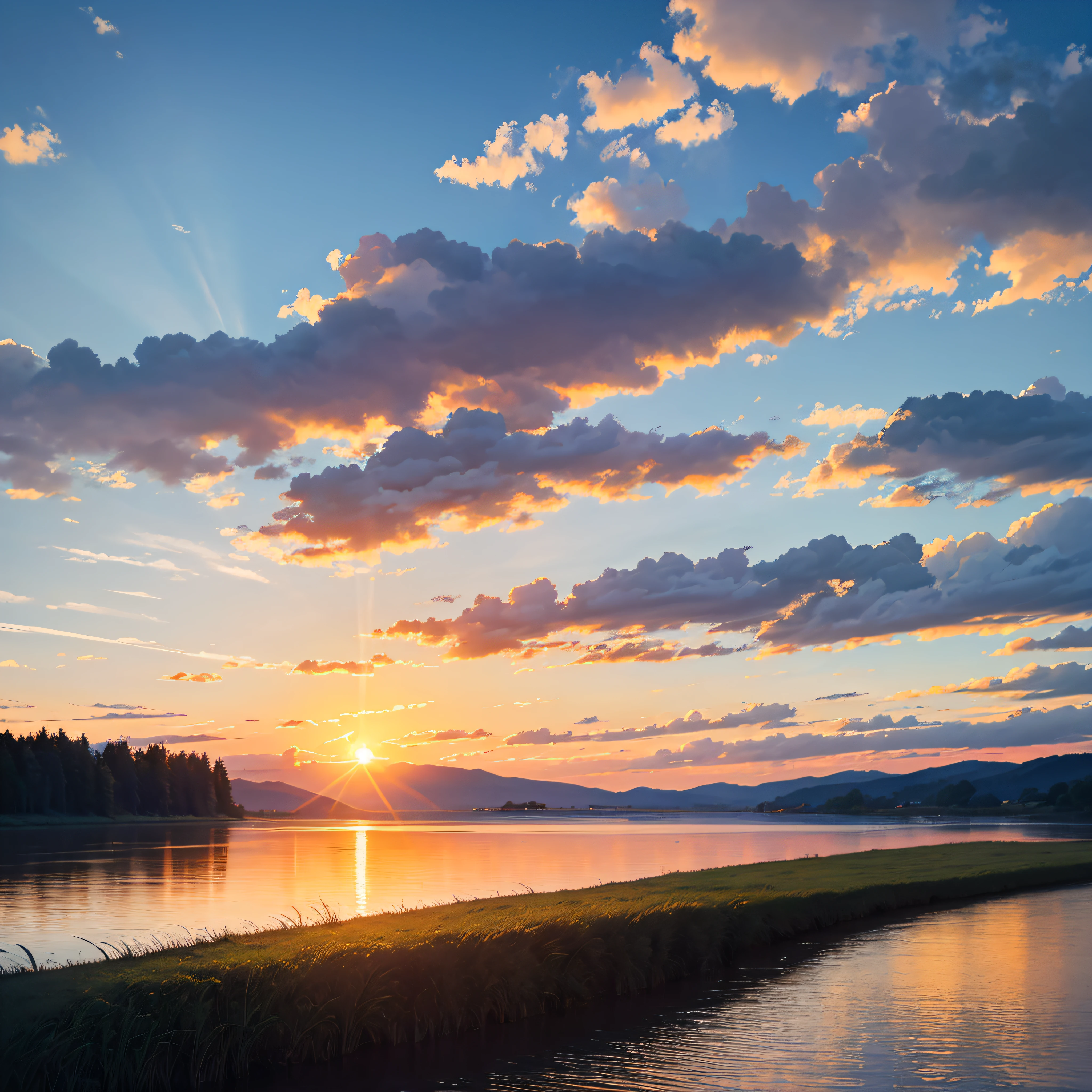 sunset, sky, landscape, water, lake, nature, sunrise, sun, clouds, river, field, summer, evening, sea, cloud, blue, horizon, tree, morning, orange, reflection, grass, dawn, dusk, sunlight