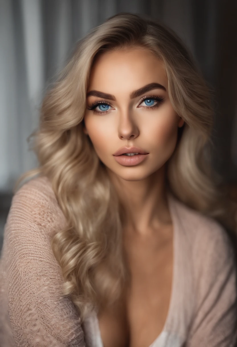 Totally Alafed Women , Sexy girl with blue eyes, Eine hyperrealistische, Akribisch detailliert, portrait sophie mudd, blonde hair and large eyes, Selfie einer jungen Frau, Augen im Schlafzimmer, Violet Myers, ohne Make-up, Natural makeup, Blick direkt in die Kamera, Gesicht mit Artgram, dezentes Make-up, Stunning full body shot of kneeling on bed, im Schlafzimmer, medium to large bust size; ; ;nackt