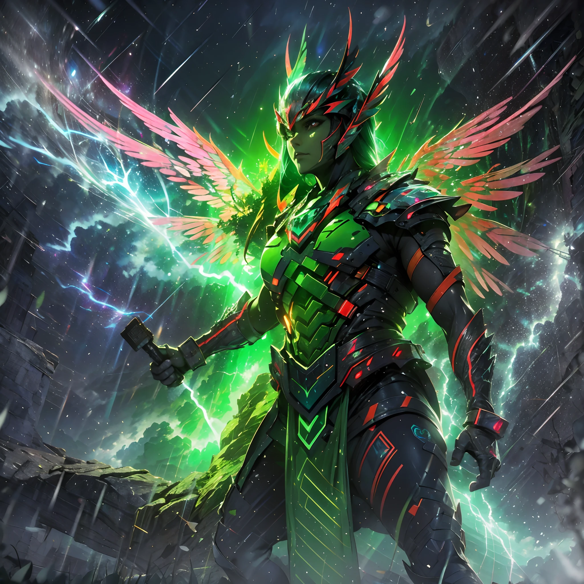 (A winged warrior who has swam through rivers of lightning),fotorrealista:1.37,Altas Resoluciones,vivid colors,Bokeh,Renderizado 3D,foco nítido,ultra detallado,Studio lighting,Guerrero,fierce expression,armadura,plumaje,Alas poderosas,lightning bolts,Aurora boreal,cielo tormentoso,superficies reflectantes,ethereal glow,mystical creature,Salpicaduras de agua,dynamic  pose,espada,Ruinas antiguas.