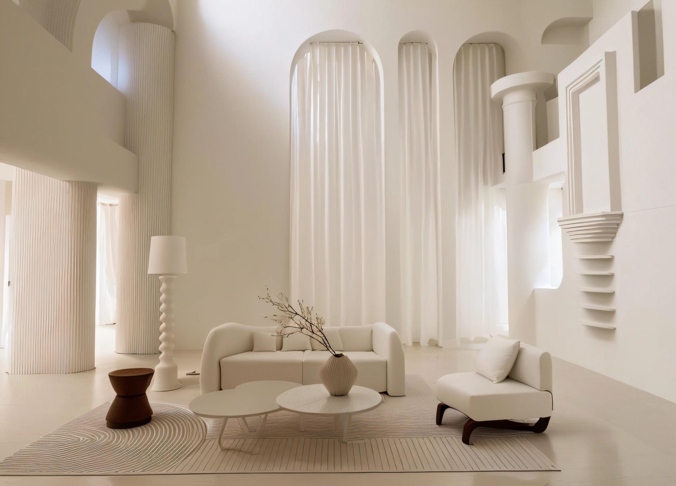 Allafed Room，Features a white sofa、Two chairs and a table, white sweeping arches, inspired by Ricardo Bofill, cream and white color scheme, all white render, White Room, White color scheme, cream - colored room, light cream and white colors, muted palette mostly white, Architectural Digest, A bright room, white furniture, minimalistic and beautiful, White tones
