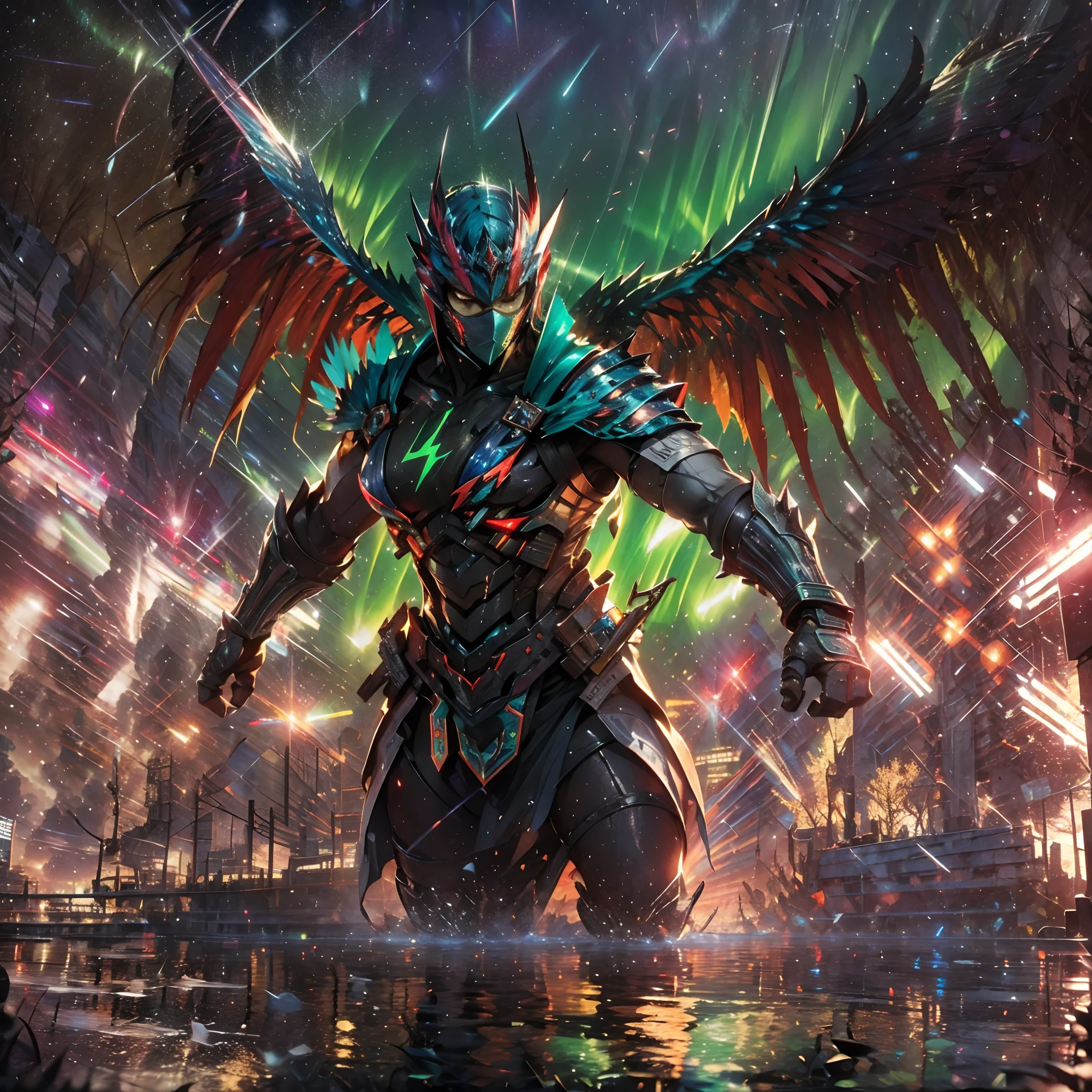 (A winged warrior who has swam through rivers of lightning),fotorrealista:1.37,Altas Resoluciones,vivid colors,Bokeh,Renderizado 3D,foco nítido,ultra detallado,Studio lighting,Guerrero,fierce expression,armadura,plumaje,Alas poderosas,lightning bolts,Aurora boreal,cielo tormentoso,superficies reflectantes,ethereal glow,mystical creature,Salpicaduras de agua,dynamic  pose,espada,Ruinas antiguas.