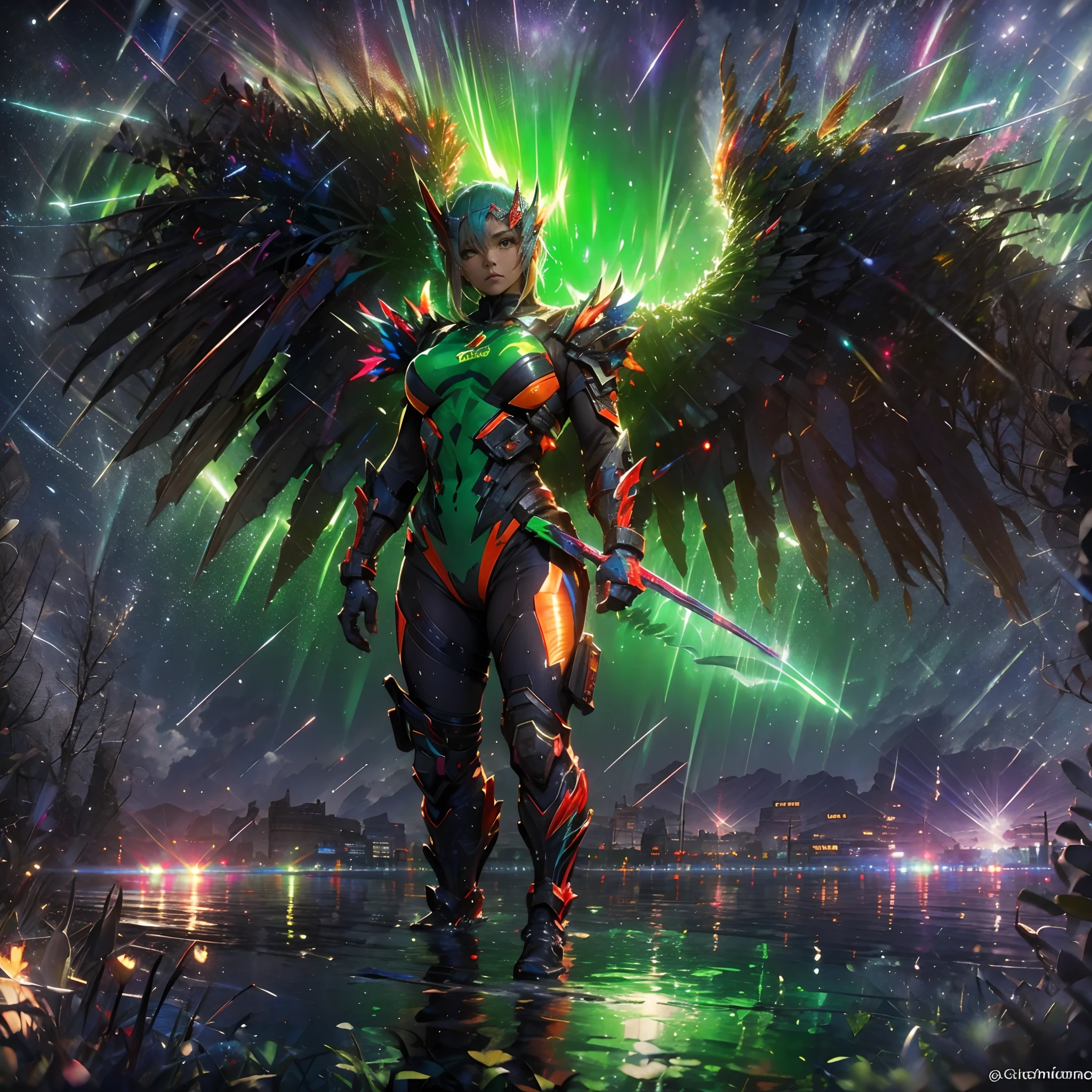 (A winged warrior who has swam through rivers of lightning),fotorrealista:1.37,Altas Resoluciones,vivid colors,Bokeh,Renderizado 3D,foco nítido,ultra detallado,Studio lighting,Guerrero,fierce expression,armadura,plumaje,Alas poderosas,lightning bolts,Aurora boreal,cielo tormentoso,superficies reflectantes,ethereal glow,mystical creature,Salpicaduras de agua,dynamic  pose,espada,Ruinas antiguas.