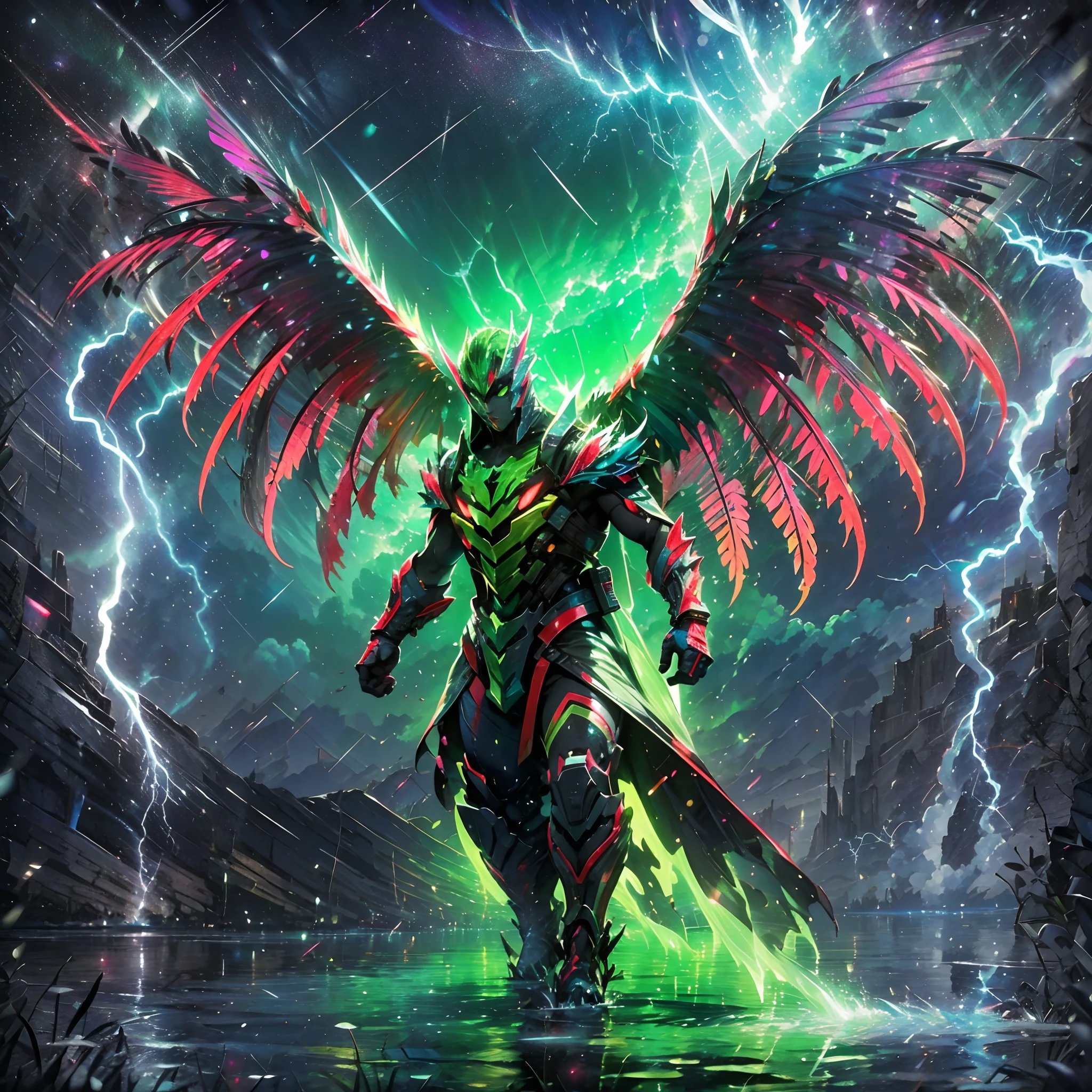 (A winged warrior who has swam through rivers of lightning),fotorrealista:1.37,Altas Resoluciones,vivid colors,Bokeh,Renderizado 3D,foco nítido,ultra detallado,Studio lighting,Guerrero,fierce expression,armadura,plumaje,Alas poderosas,lightning bolts,Aurora boreal,cielo tormentoso,superficies reflectantes,ethereal glow,mystical creature,Salpicaduras de agua,dynamic  pose,espada,Ruinas antiguas.