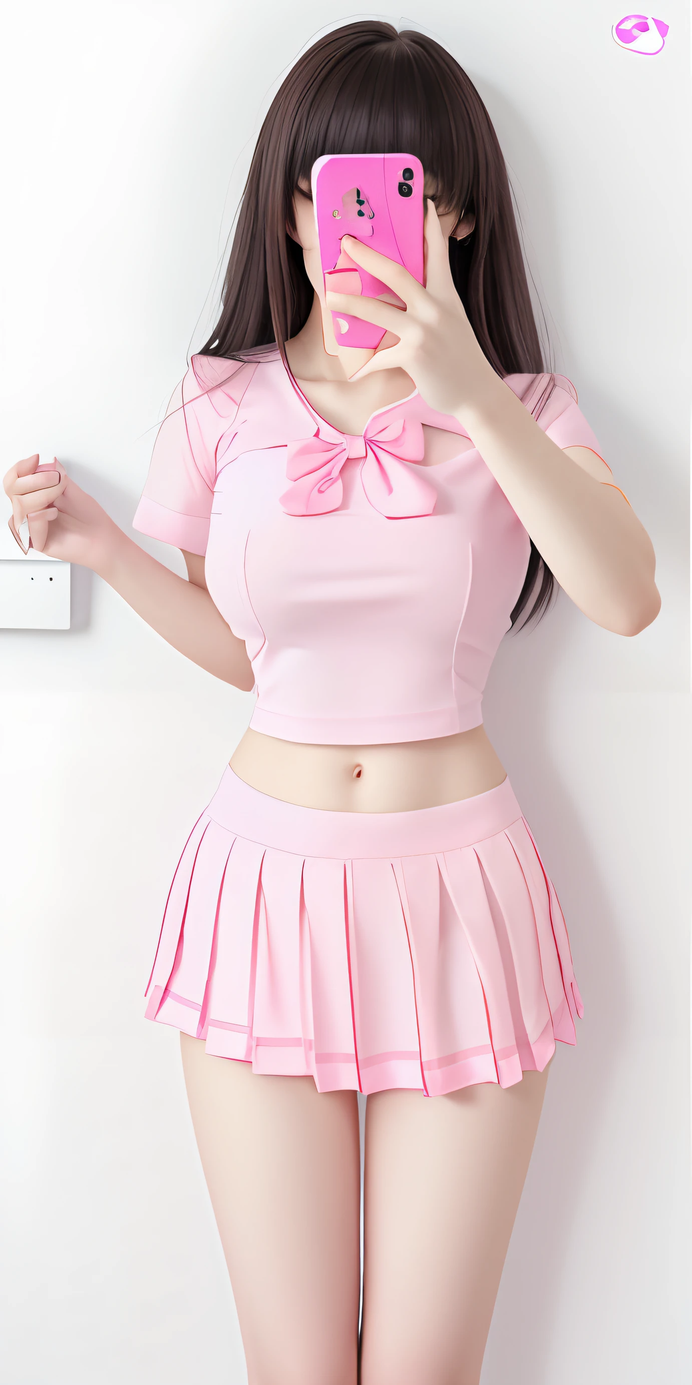 tmasterpiece,Ultra photo realsisim,hyper-detailing,ultra - detailed,1 Asian girl,Cute face,Delicate makeup(Heavy makeup),Petite figure,Big breasts semi-leakage,Wearing sexy pink and white Japanese school wear and matching accessories,stocklings,Cute action,full body detailing,Full body photo,Dark colors,with black background,Wallpapers