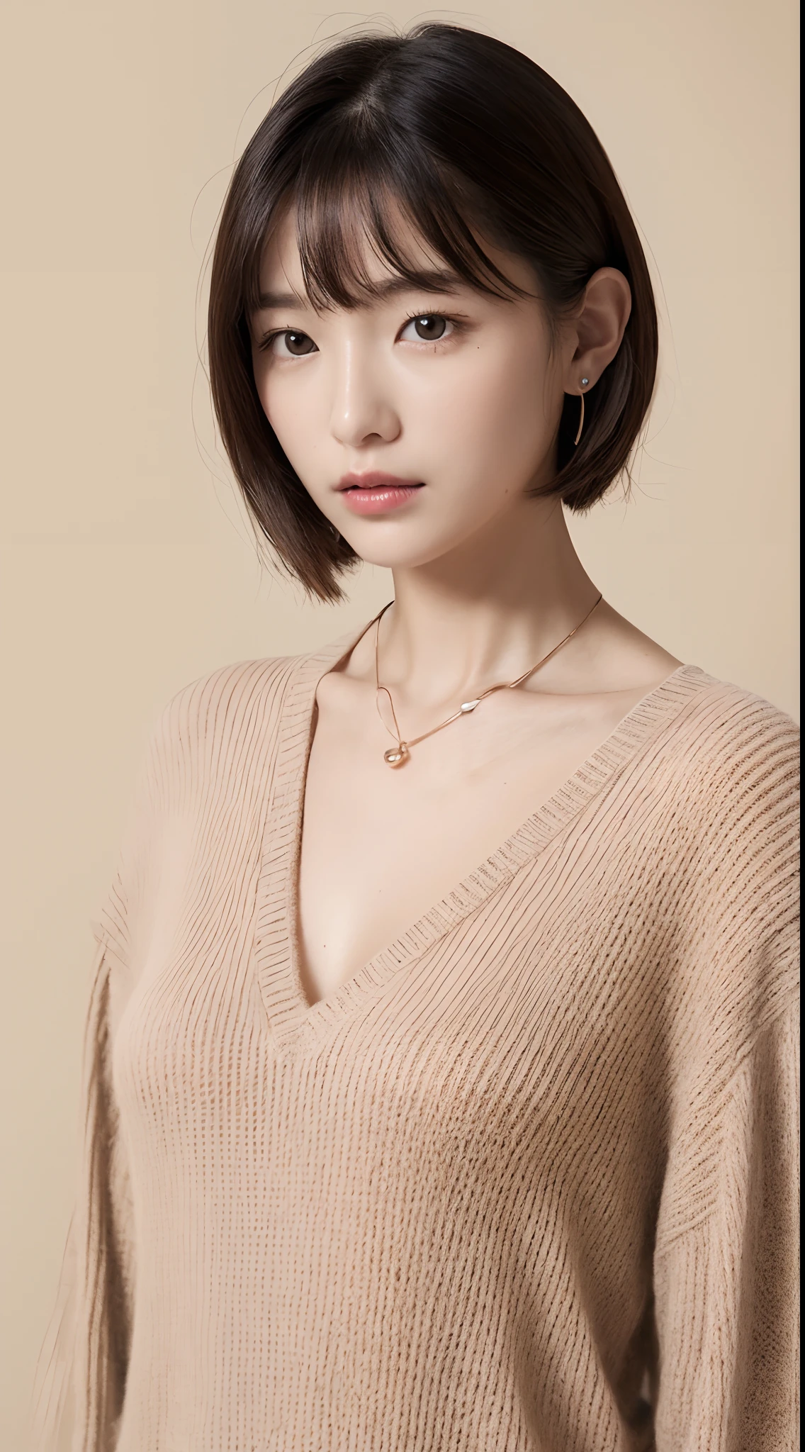 top-quality:1.3、​masterpiece、hight resolution、［1 girl in］、｛独奏｝、fully body photo、((Photorealsitic):1.1)、Real person、mascara, ,(Textured skin, Skin pores:1.1), (Imperfect skin:1.1) intricate detailes, (Unripe, 8K:1.2), Detailed skin、japanes、thin bunches of bangs、Bery short hair、Sweat knitwear、catchlight、piercings、a necklace、white walls