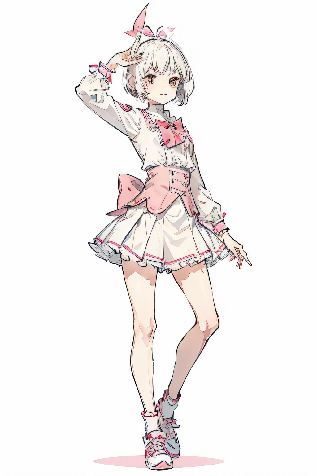 1girl, short {white hair}, {white skirt} {with pink ruffles}, pink shoes, full body standing, {tilted body} {peace sign pose only for one hand}, plain white background