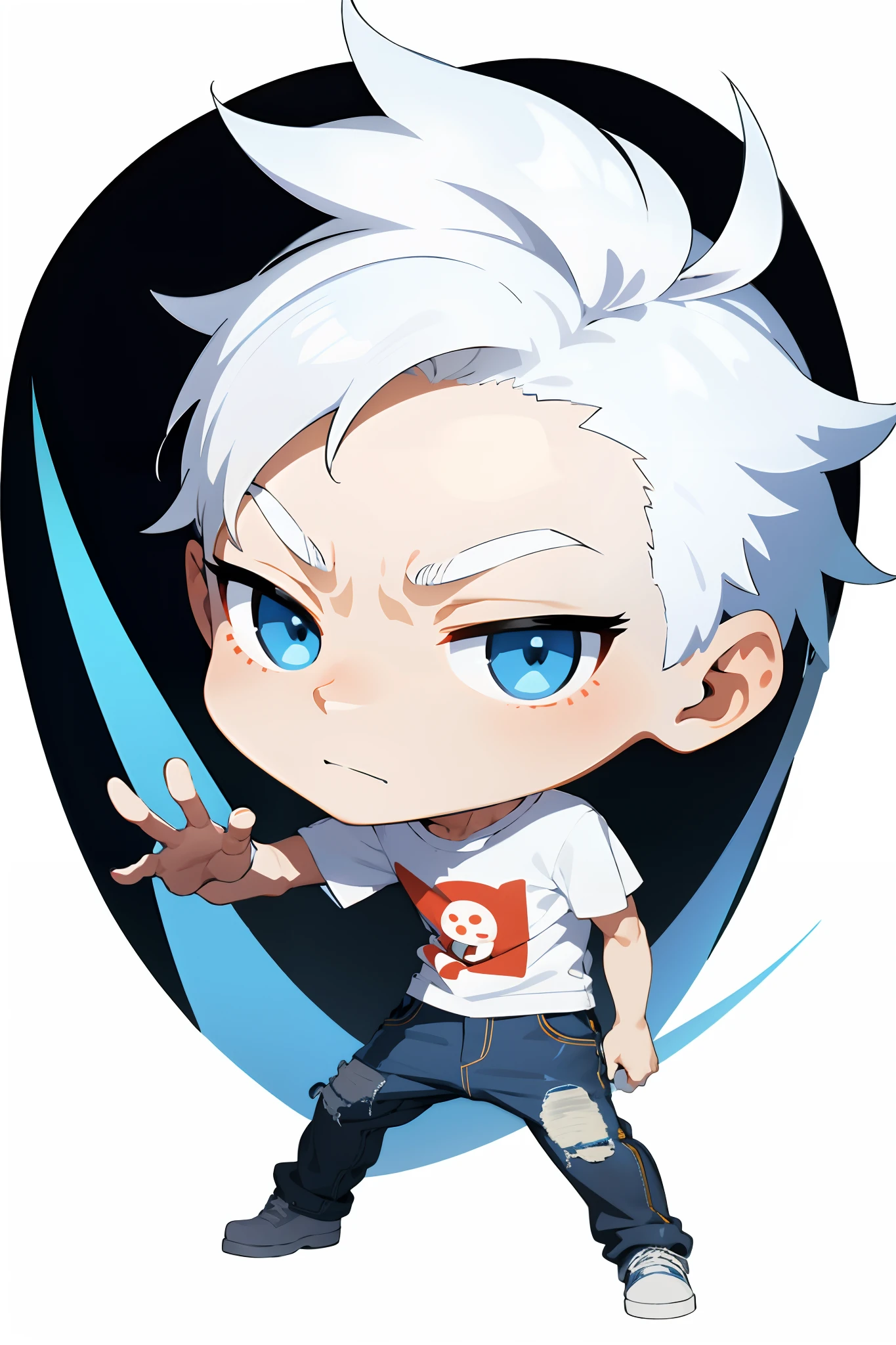 chibi guy 27 years old, white hair, t-shirt, jeans, controls ice, detailed, ultra-realistic, HD, transparent background