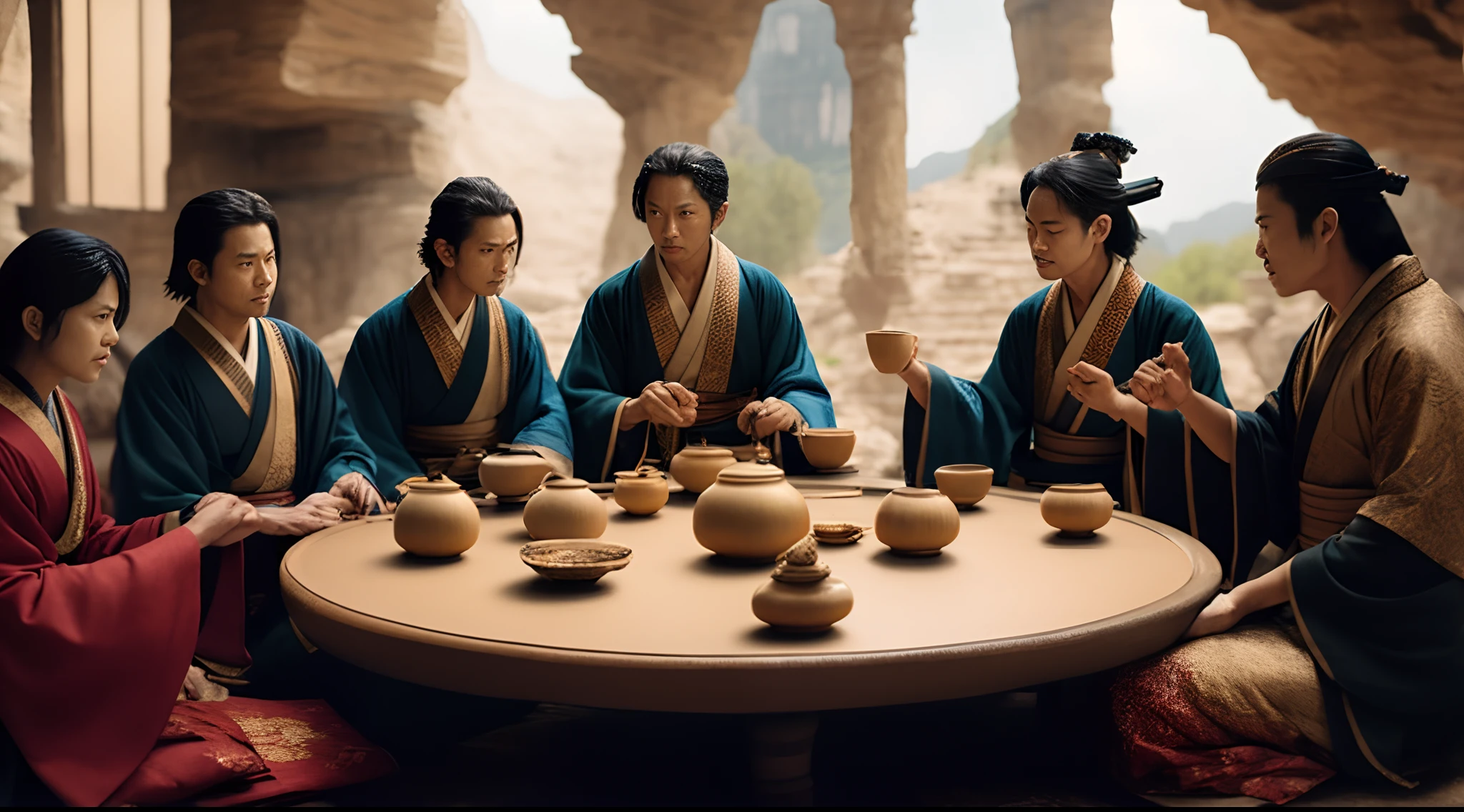 32K(tmasterpiece,hyper HD)arafed group of people sitting around a table with bowls and cups, robed figures sat around a table, still from a fantasy movie, film still dnd, still from a live action movie, tea ceremony scene, still from the movie, 4k still, still image from the movie, movie promotional image, film still dnd movie, movie still 8 k(Linen batik scarf)