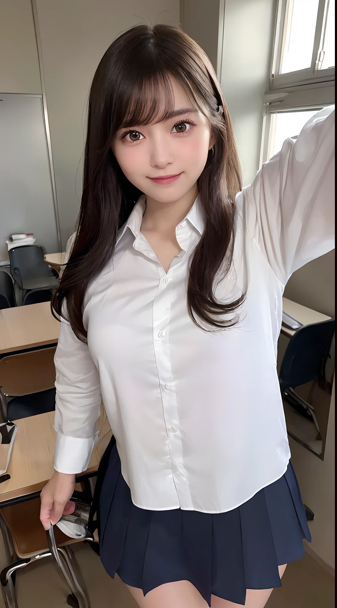 (8K、Raw photography、top-quality、masterpiece:1.2)、(masterpiece,top-quality,超A high resolution),A Japanese Lady, Kawaii Girl、beautifull detailed face,View photographer、,extremely detailed eye and face, Sharp pupils, Natural makeup,slick hair, Professional Lighting,Happy smile、lipgloss、(((Very cute girl)))、(((Everyday clothes、a miniskirt))),Classroom、desk work,a chair