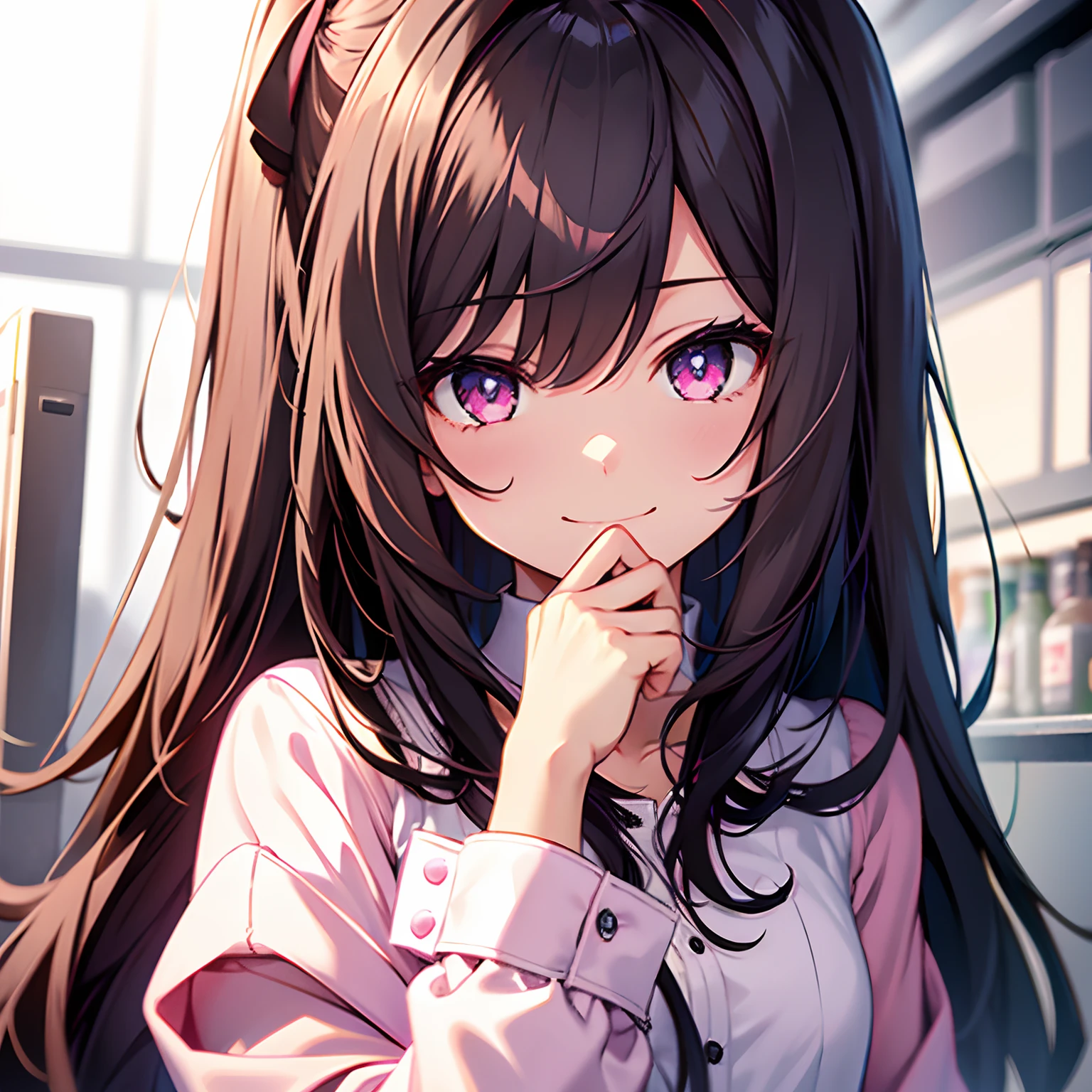 girl with、A dark-haired、Long hair、fluffly、The shirt、beauitful face、A slight smil、Pink eyes
