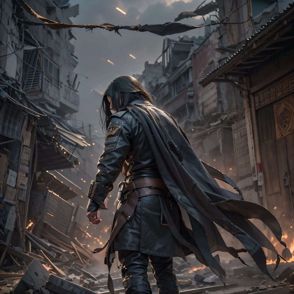 The wounded line the streets（Doomsday ruins）Climb the streets（Doomsday ruins）eyes filled with angry，He clenched his fists，Rush up，Deliver a fatal blow to your opponent，full bodyesbian，Full Body Male Mage 32K（tmasterpiece，hyper HD）Long flowing black hair，Campsite size，zydink， The wounded line the streets（Doomsday ruins）Climb the streets， The scene of the explosion（Doomsday ruins）， （Linen batik scarf）， Angry fighting stance， looking at the ground， Batik linen bandana， Chinese python pattern long-sleeved garment， （Abstract propylene splash：1.2）， Dark clouds lightning background，Flour flies（realisticlying：1.4），Black color hair，Flour fluttering，Background fog， A high resolution， the detail， RAW photogr， Sharp Re， Nikon D850 Film Stock Photo by Jefferies Lee 4 Kodak Portra 400 Camera F1.6 shots, Rich colors, ultra-realistic vivid textures, Dramatic lighting, Unreal Engine Art Station Trend, cinestir 800，Flowing black hair,（（（Male mage）））The wounded line the streets（Doomsday ruins）Climb the streets，