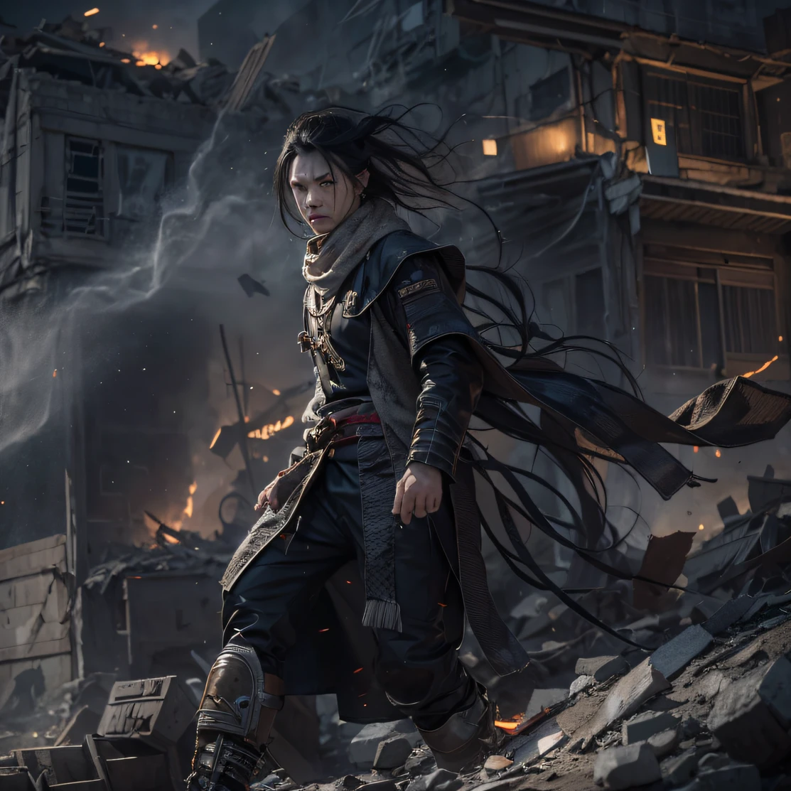 The wounded line the streets(Doomsday ruins)Climb the streets(Doomsday ruins)eyes filled with angry,He clenched his fists,Rush up,Deliver a fatal blow to your opponent,full bodyesbian,Full Body Male Mage 32K(tmasterpiece,hyper HD)Long flowing black hair,Campsite size,zydink, The wounded line the streets(Doomsday ruins)Climb the streets, The scene of the explosion(Doomsday ruins), (Linen batik scarf), Angry fighting stance, looking at the ground, Batik linen bandana, Chinese python pattern long-sleeved garment, (Abstract propylene splash:1.2), Dark clouds lightning background,Flour flies(realisticlying:1.4),Black color hair,Flour fluttering,Background fog, A high resolution, the detail, RAW photogr, Sharp Re, Nikon D850 Film Stock Photo by Jefferies Lee 4 Kodak Portra 400 Camera F1.6 shots, Rich colors, ultra-realistic vivid textures, Dramatic lighting, Unreal Engine Art Station Trend, cinestir 800,Flowing black hair,(((Male mage)))The wounded line the streets(Doomsday ruins)Climb the streets,