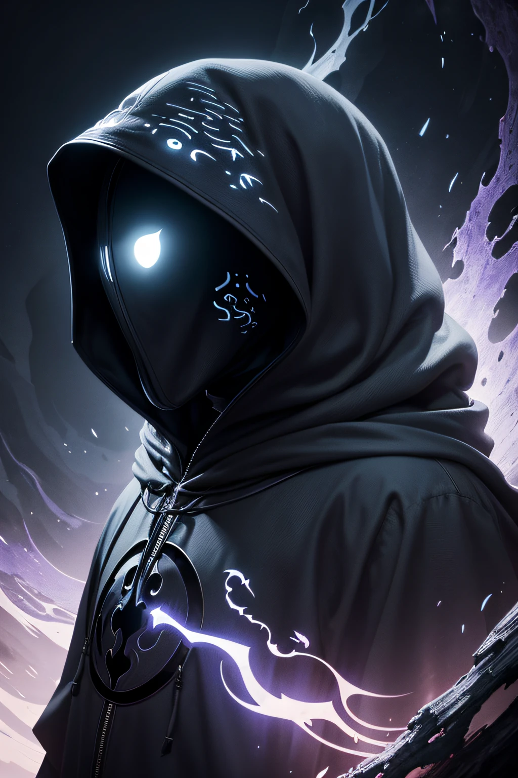 Surreal landscape with moonlight, Hooded silhouette，No face features. The outline is enhanced by glowing glyphs and symbols, Emphasized by the character's large hood and long claws.