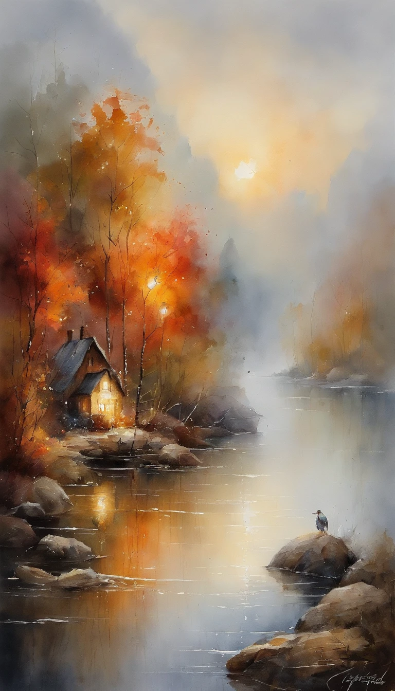 ​masterpiece, top-quality, high detail, Impressionism, of the "Apocalypses",Fire rains down upon the idylic scene Touring along the lakeside in the morning mist, foggy, cinematic light,