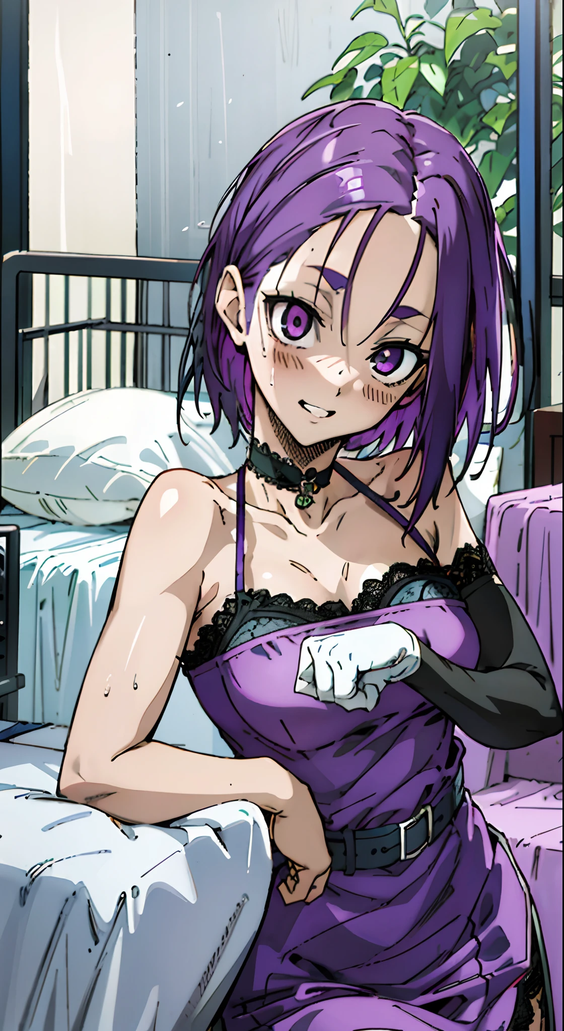 masutepiece, Best Quality, Ultra-detailed, Colorful,Up-close, Hyper-detailing,purple color hair, Ultra-realistic hair quality, Vibrant colors, Beautuful Women, Beautiful long hair, Shiny hair, detailed hairs, Hair Ribbon, Single-sided up, Reo Mikage, Blue Lock, no sleeves, Camisole and cheongsam, Dress, Lace dress, chinese clothes, Chest exposure, Lace underwear, Metamorphosis is exposed, Belt bag, Choker, Black Choker, arm warmer, gloves, White Gloves, short gloves, Relative area, Sexy breasts, Big breasts, red blush, 1girl in, Solo, Sharp face, Heterochromia, Green eyes, Purple eyes, Bare neck, Happy face, bed room,
