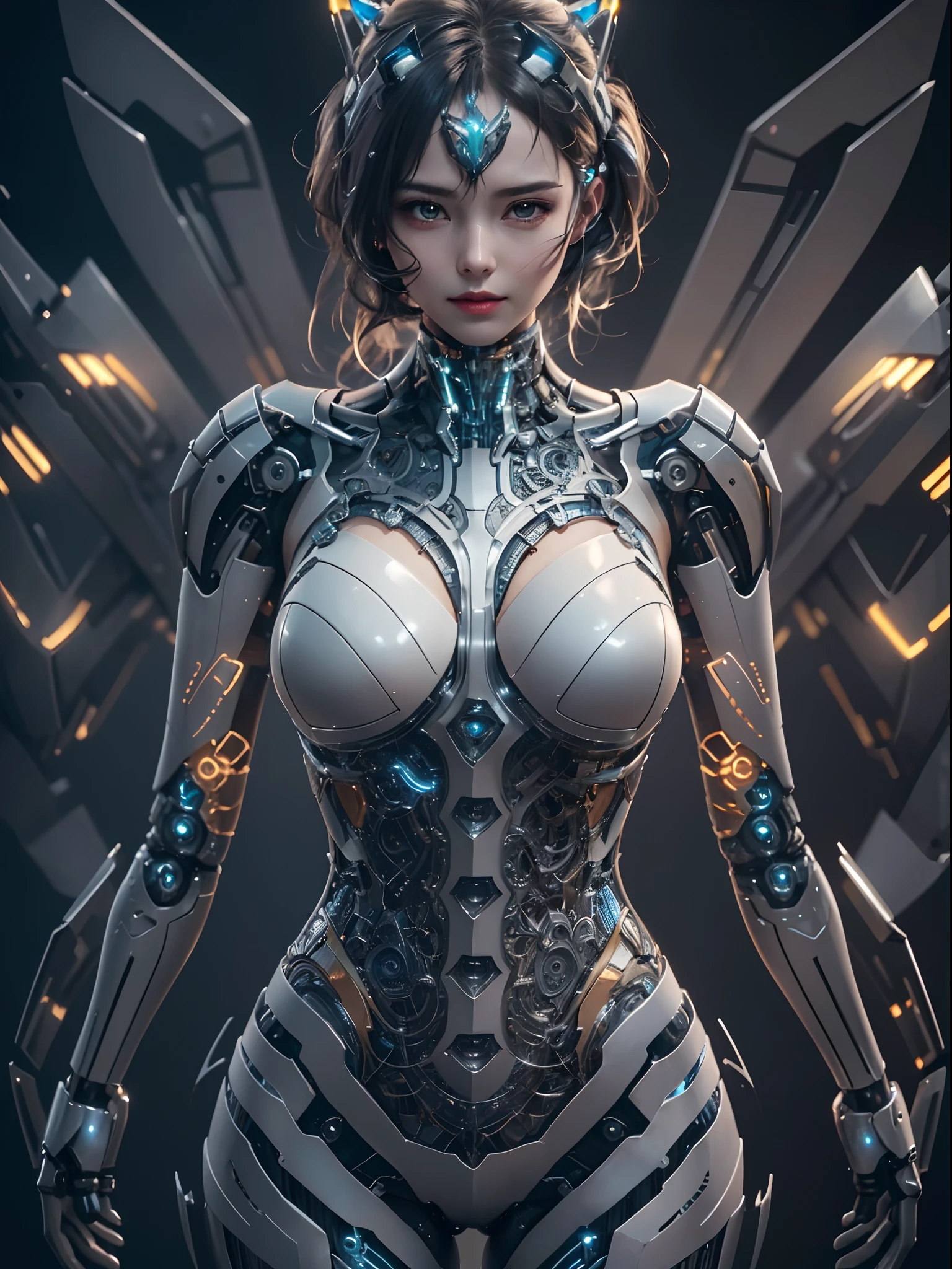 masterpiece,best quality,ultra-detailed,very detailed illustrations,extremely detailed,intricate details,highres,super complex details,extremely detailed 8k cg wallpaper,cowboy shot, caustics,reflection,ray tracing,dark aura,cyber effect, (1girl:1.4),solo,alone,mecha girl parts, robot joints,single mechanical arm, headgear, mechanical halo,star halo,intricate mechanical bodysuit, mecha corset, very long hair,white hair, hair between eyes, multicolored hair, colored inner hair, random expressions,random action, dynamic pose.