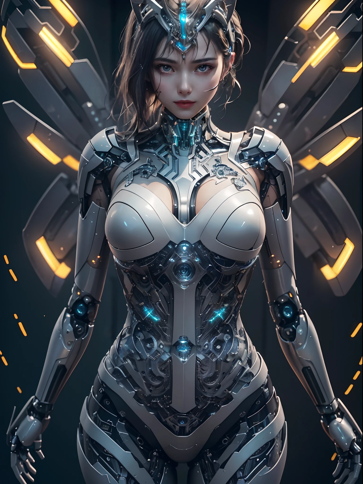 masterpiece,best quality,ultra-detailed,very detailed illustrations,extremely detailed,intricate details,highres,super complex details,extremely detailed 8k cg wallpaper,cowboy shot, caustics,reflection,ray tracing,dark aura,cyber effect, (1girl:1.4),solo,alone,mecha girl parts, robot joints,single mechanical arm, headgear, mechanical halo,star halo,intricate mechanical bodysuit, mecha corset, very long hair,white hair, hair between eyes, multicolored hair, colored inner hair, random expressions,random action, dynamic pose.