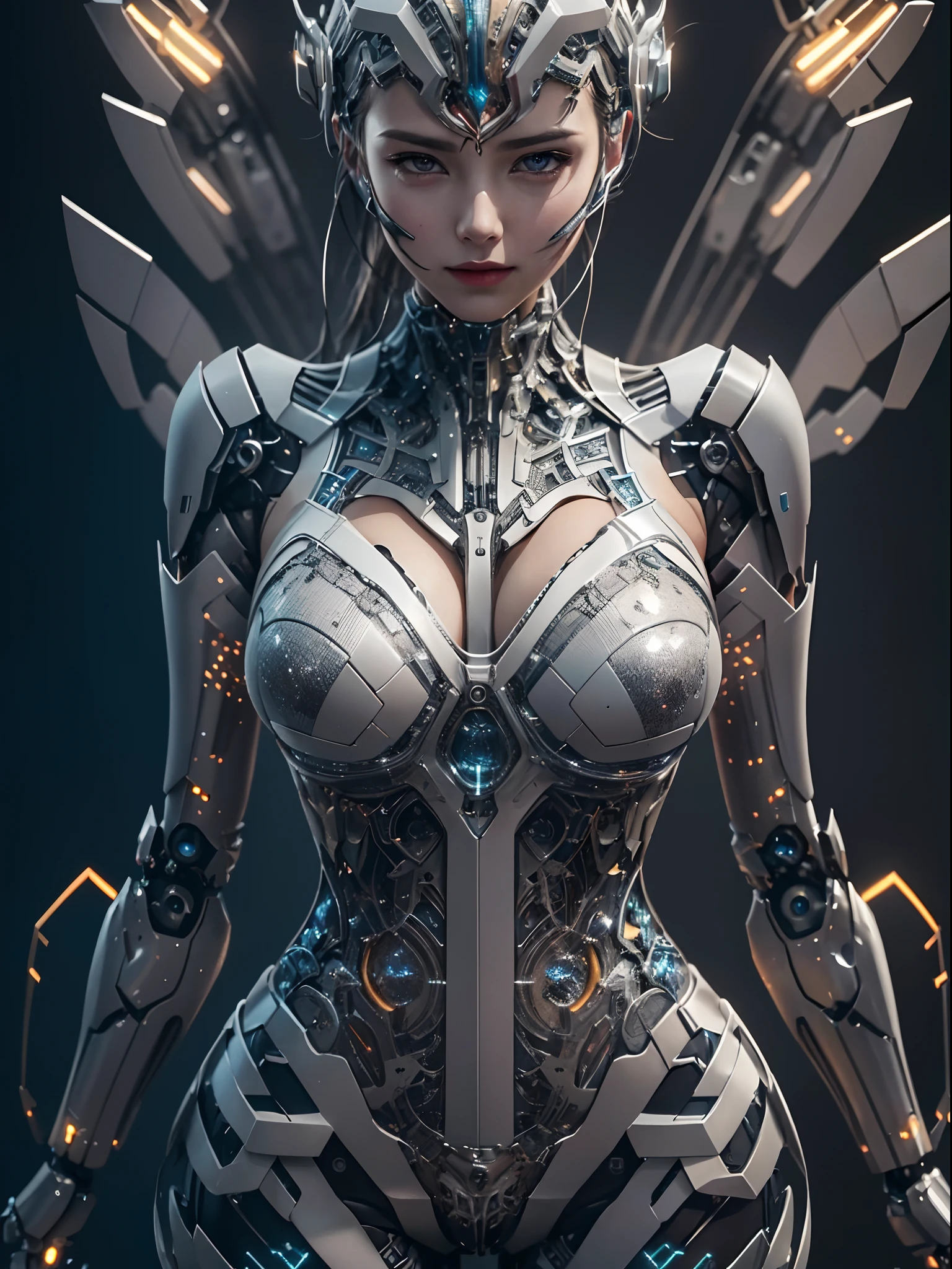 masterpiece,best quality,ultra-detailed,very detailed illustrations,extremely detailed,intricate details,highres,super complex details,extremely detailed 8k cg wallpaper,cowboy shot, caustics,reflection,ray tracing,dark aura,cyber effect, (1girl:1.4),solo,alone,mecha girl parts, robot joints,single mechanical arm, headgear, mechanical halo,star halo,intricate mechanical bodysuit, mecha corset, very long hair,white hair, hair between eyes, multicolored hair, colored inner hair, random expressions,random action, dynamic pose.