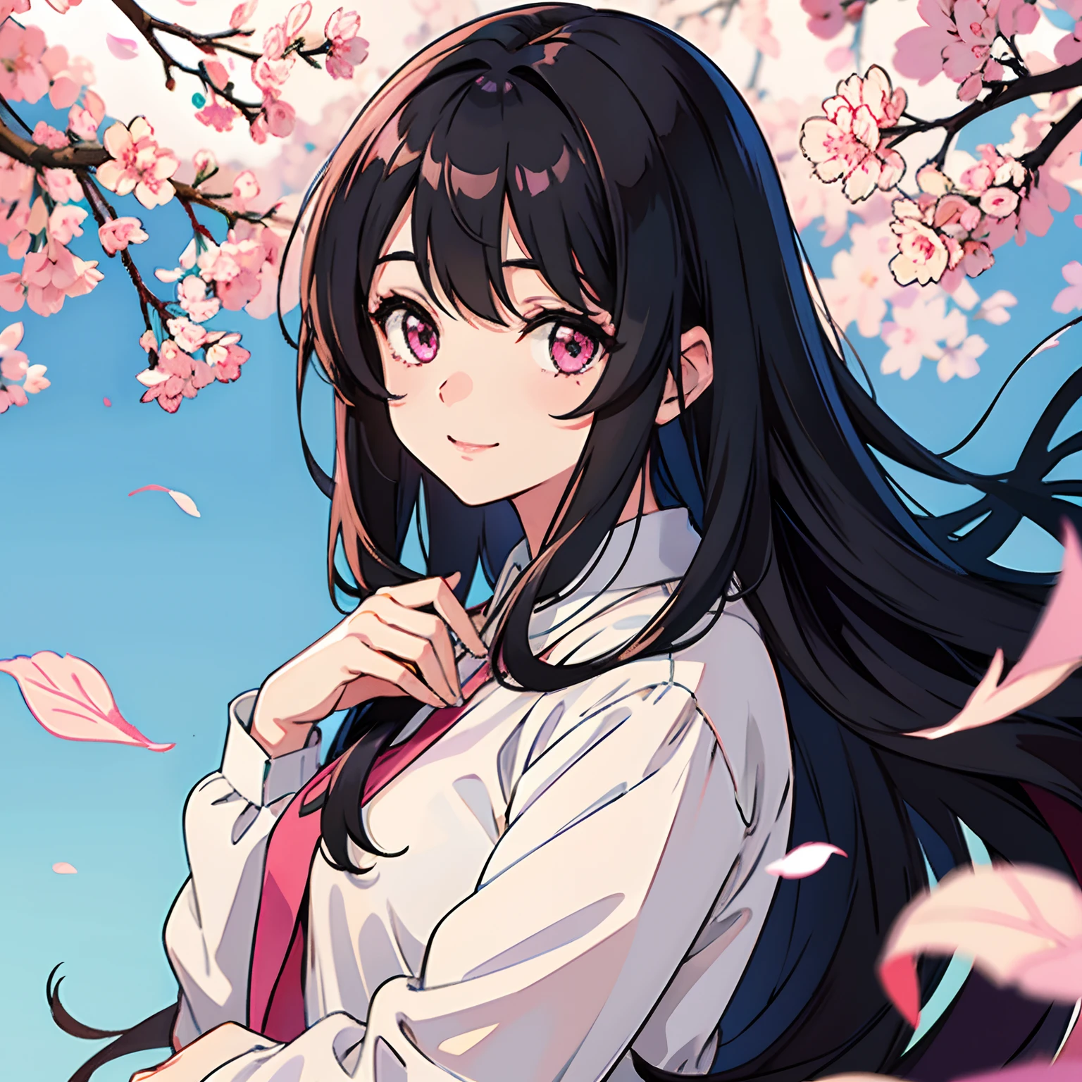 girl with、A dark-haired、Long hair、fluffly、The shirt、beauitful face、A slight smil、Pink eyes