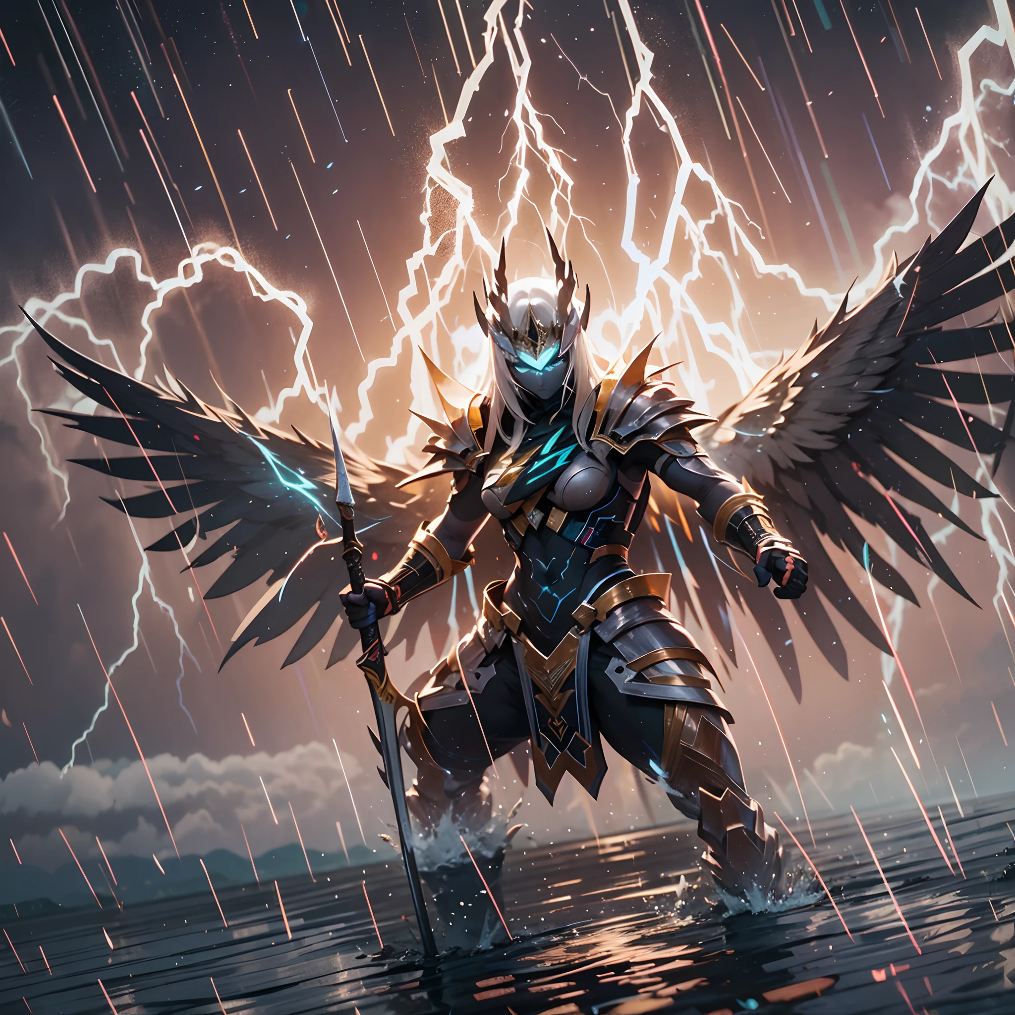 (A winged warrior who has swam through rivers of lightning),fotorrealista:1.37,Altas Resoluciones,vivid colors,Bokeh,Renderizado 3D,foco nítido,ultra detallado,Studio lighting,Guerrero,fierce expression,armadura,plumaje,Alas poderosas,lightning bolts,Aurora boreal,cielo tormentoso,superficies reflectantes,ethereal glow,mystical creature,Salpicaduras de agua,dynamic pose,espada,Ruinas antiguas.